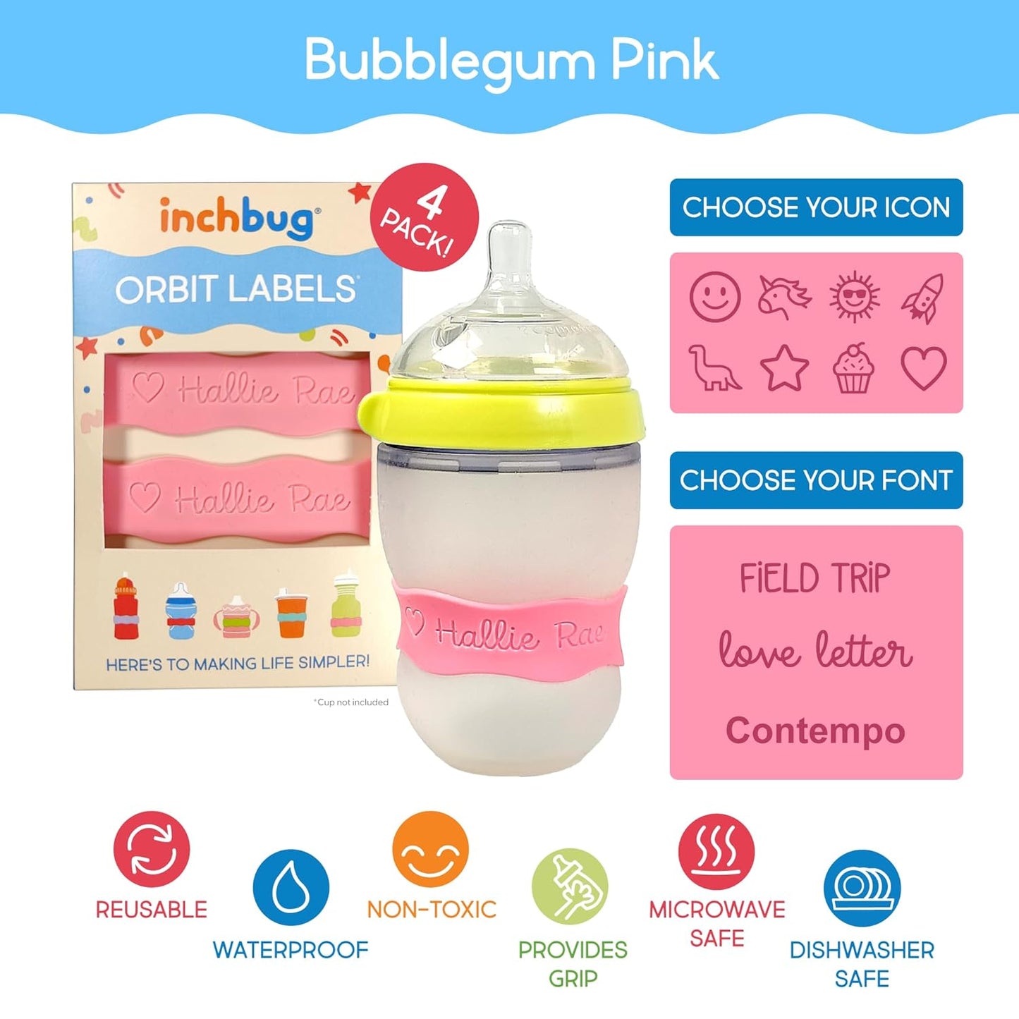 InchBug Orbit Labels - Baby Bottle Name Labels for Daycare, Sippy Cup Bands - Engraved Silicone, Reusable, Dishwasher Safe, Matching Color Personalization, 4-Pack (Bubblegum Pink)