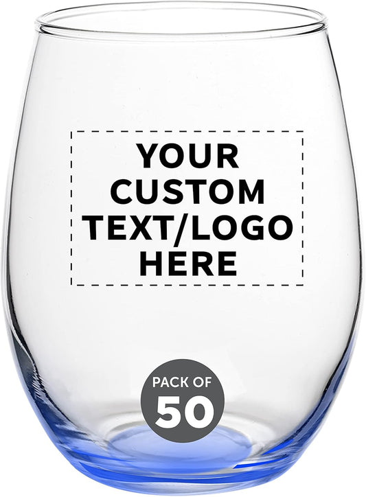 Custom Stemless Wine Glasses in Bulk by ARC Perfection, 15 oz, 50 pack, Personalized Text, Logo, Red or White Wine Glass Set, Blue