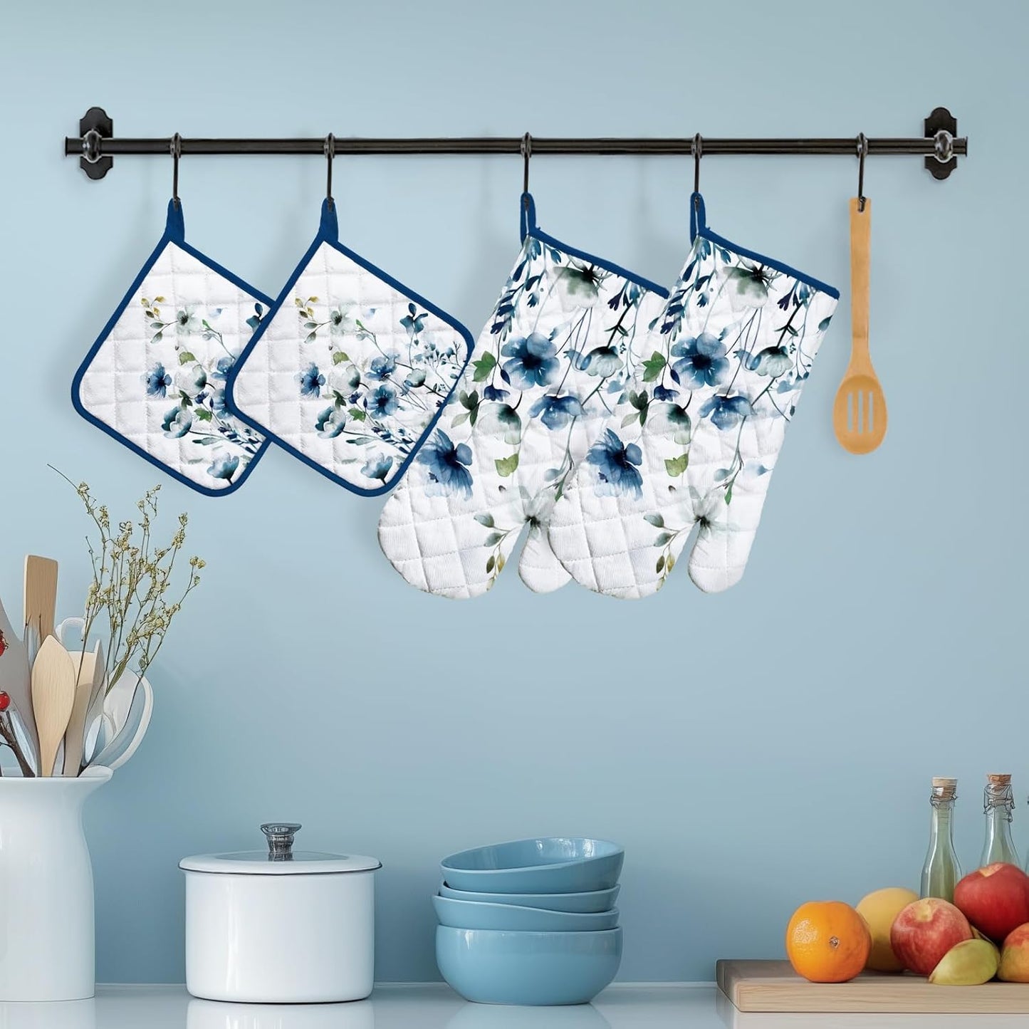 Blue Watercolor Flower Oven Mitts and Pot Holders Sets 4Pcs, 100% Cotton Heat Resistant, Extra Long Oven Gloves Potholder for Kitchen Cooking Baking Housewarming