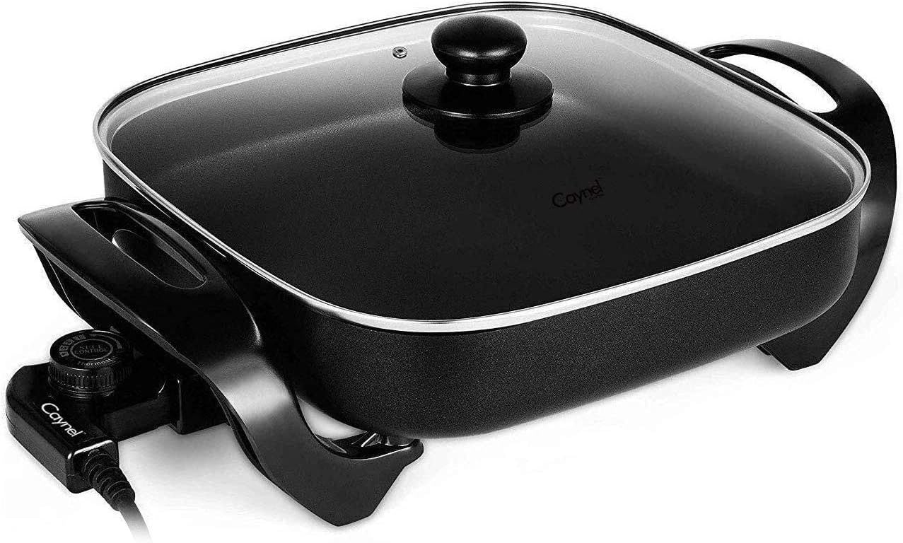 Caynel 12 x 12 Inch Nonstick Ceramic Electric Skillet with Glass Lid, Aluminum Body, 1400-Watts, Adjustable Temperature Controller Goes Up to 460 Degrees for Fry, Bake, Steam or Simmer, Easy to Clean