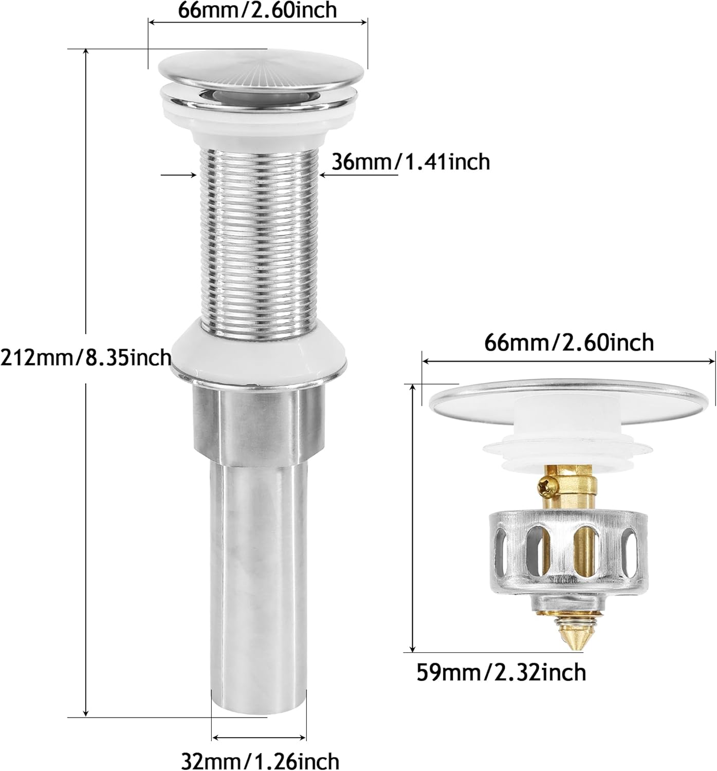 Bathroom Sink Drain,Drain Stopper Bathroom Sink Without Overflow,Pop Up Drain Assembly with Detachable Strainer Basket,Built-in Anti-Clogging, Stainless Steel Nut Brushed Nickel