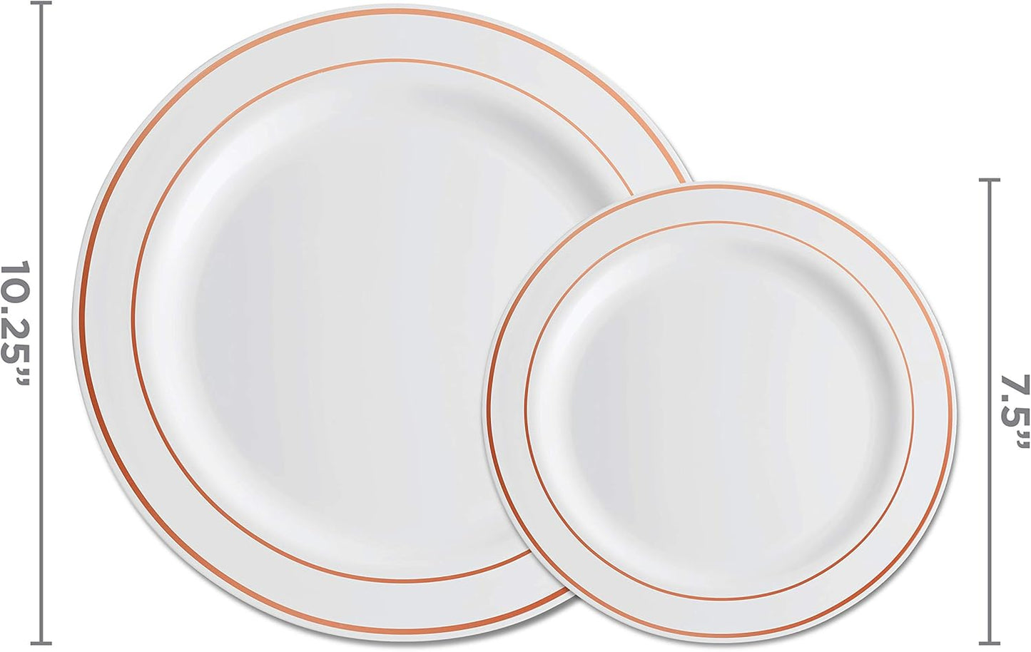 Munfix 100 Rose Gold Rim Plastic Plates Set, 50 Pcs 10 Inch Dinner and 50 Pcs 7 Inch Plastic Dessert Plates, Elegant Fancy Heavy Duty Disposable Plates for Party, Wedding, White Rose Gold Rim
