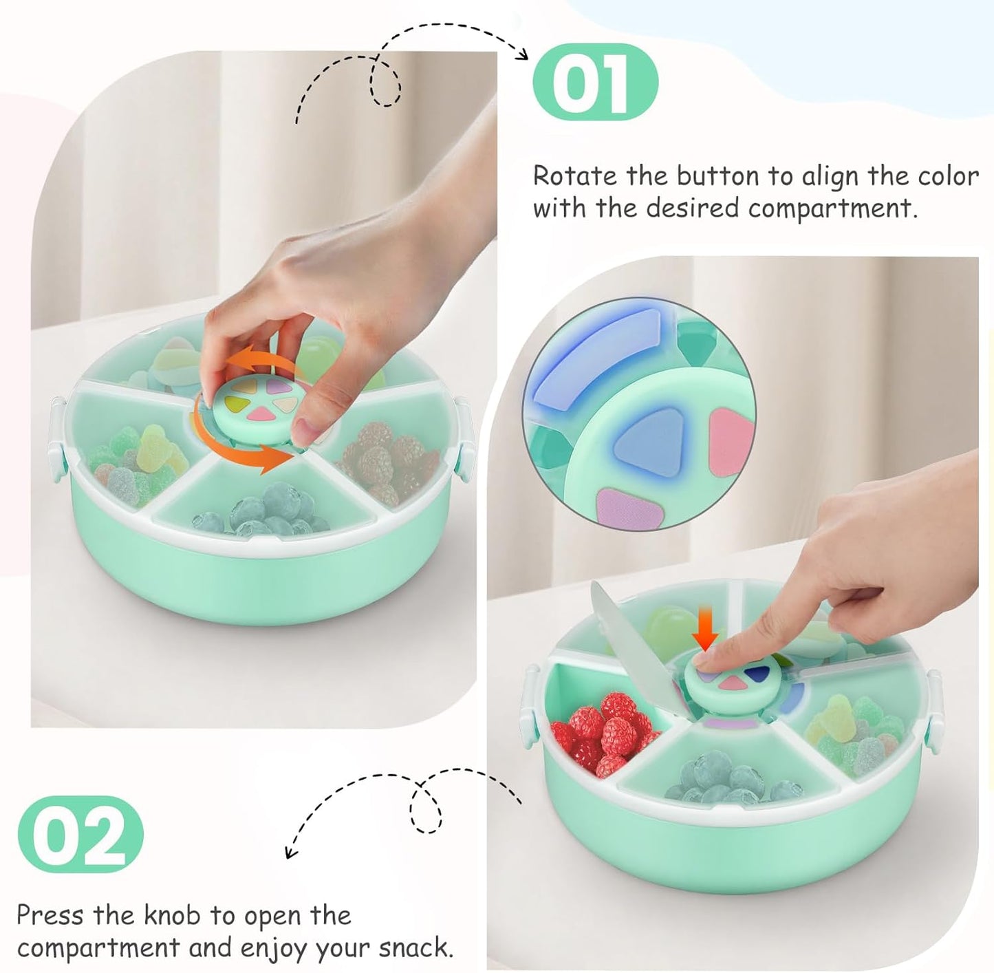 Snack Spinner Set for Kids – 2-Pack, Includes Rotating Snack Container & Classic Sectioned Snack Box, BPA-Free, Dishwasher Safe, Perfect for Travel, Green