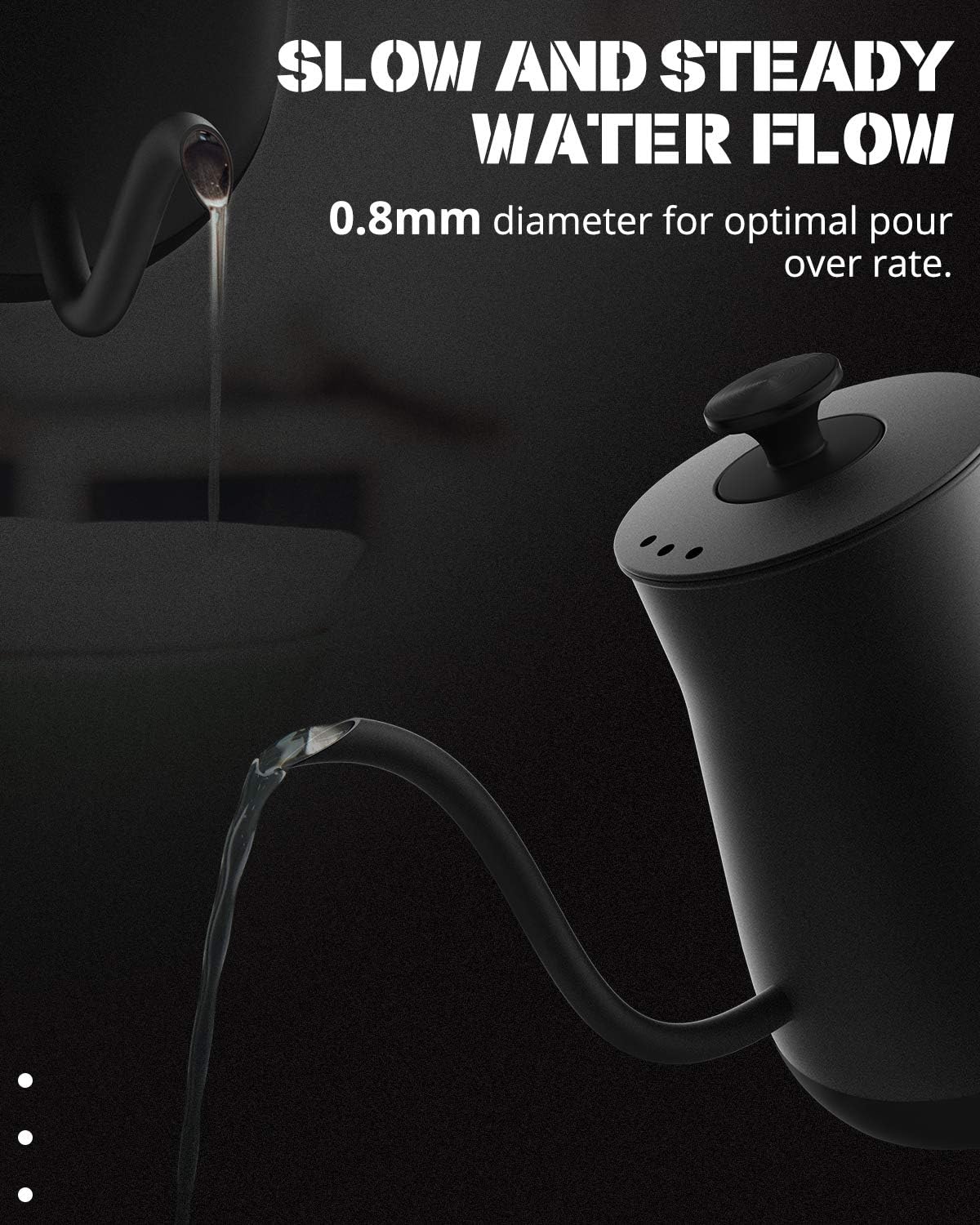 Electric Kettle, Gooseneck Kettle with Auto Shut Off, 0.8L Small Eletric Tea Kettle, Precise Spout Designed for Coffee Tea, 1000W Quick Heat Up, Stainless Steel, Matte Black