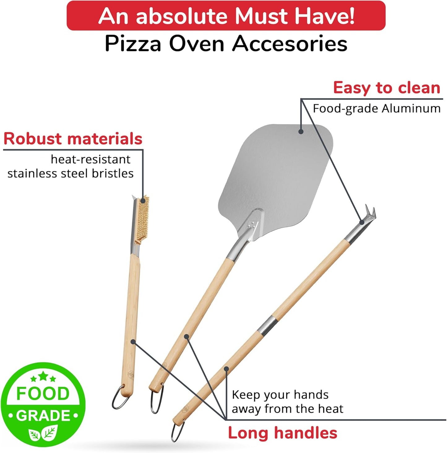 Pizza Oven Accessories Set - 3 Piece Pizza Making Kit with Pizza Peel, Pizza Oven & Stone Brush with Scraper, Turning Fork & Bubble Popper - Tools for Indoor Outdoor Brick Wood Gas Ovens