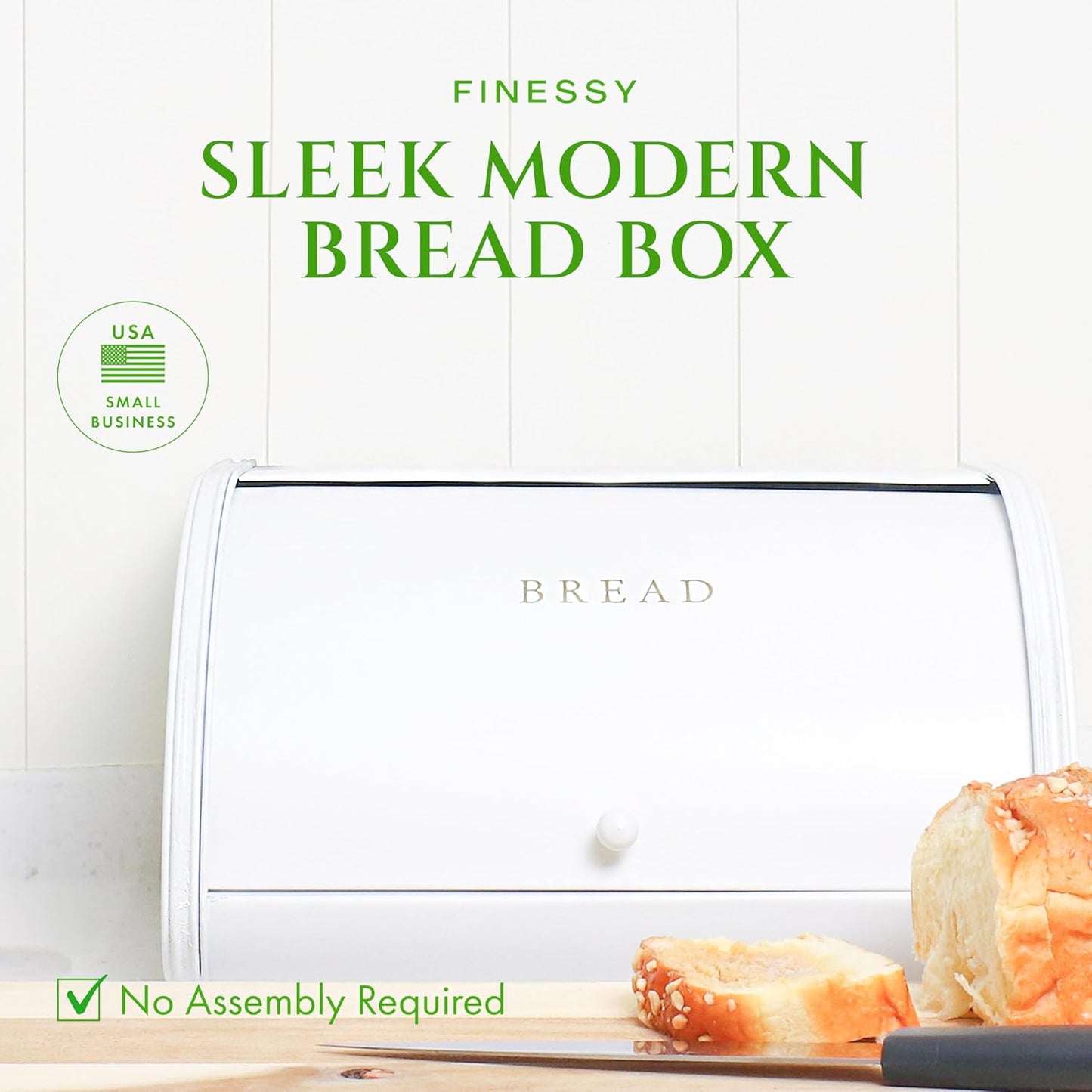 Modern Metal White Bread Box for Kitchen Countertop for Homemade Loaf Sourdough, Roll Top Breadbox for Kitchen Countertop Storage Container Bin, Farmhouse Stainless Steel Bread Keeper for Counters