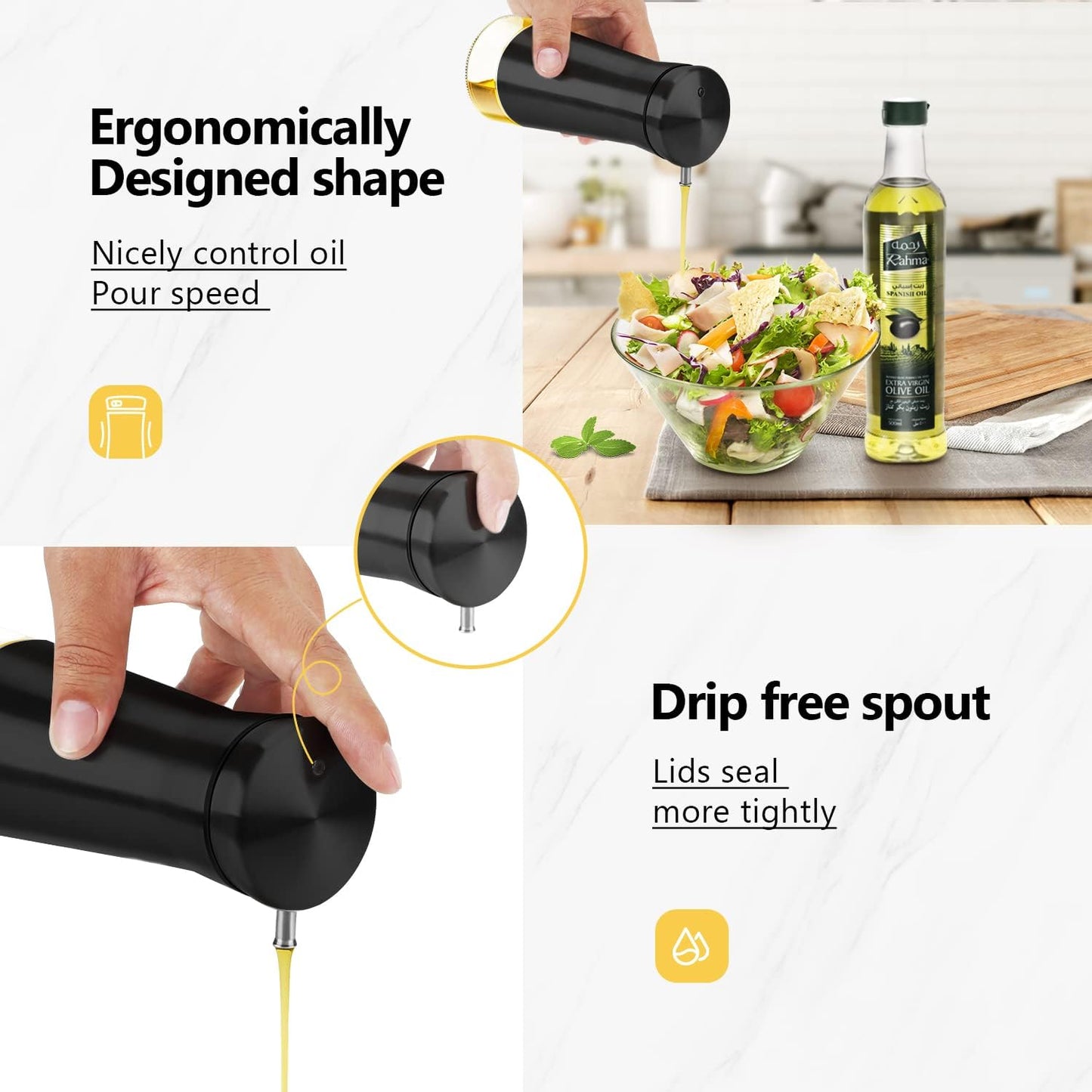 Aelga Black Oil And Vinegar Dispenser Set - 2 Pack Oil Dispenser Bottle for Kitchen with No-Drip - Black Kitchen Decor and Accessories for Home Restaurants Weddings