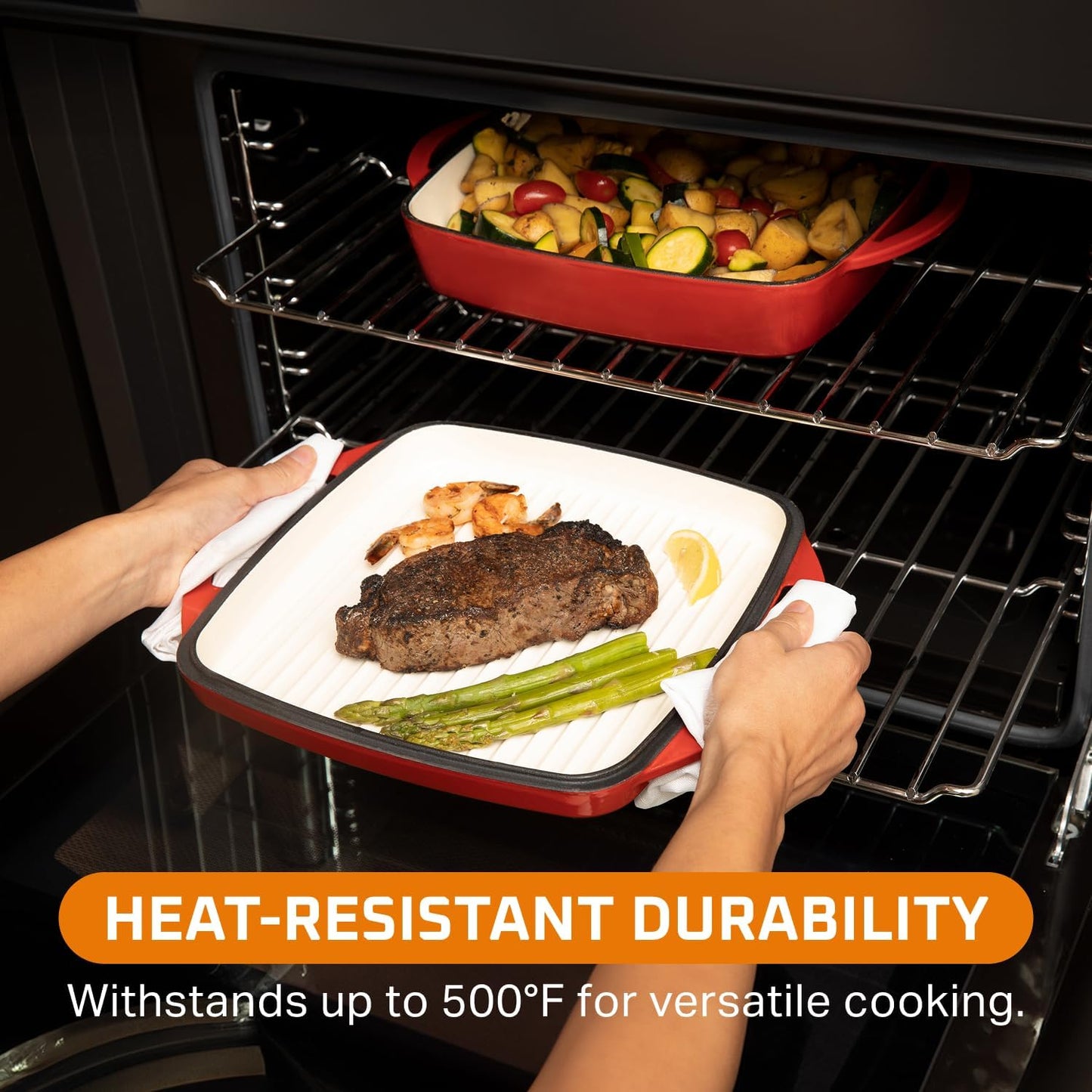 Bruntmor 2-in-1 Square Enameled Cast Iron Dutch Oven Baking Pan and Gridle Lid with Dual Handles, Cast Iron Skillet lid, Coating Gridle for Baking, Bacon,Steaks - Red