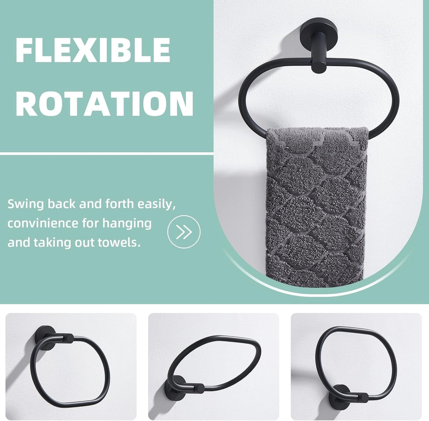 Suyar Matte Black Towel Ring, Stainless Steel Modern Swivel Hand Towel Holder for Bathroom Wall, Oval Shape