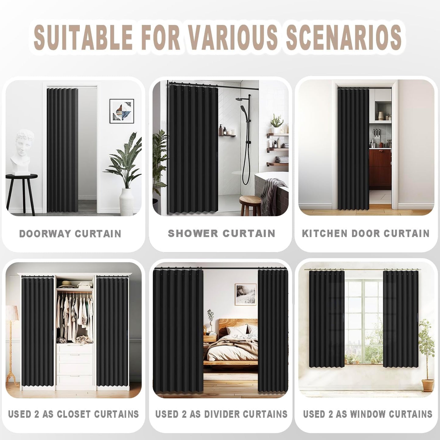 Vatge Doorway Curtains Privacy - Black Curtains for Closets Without Doors Room Divider for Doorway, Hanging Privacy Curtain Wall for Room Separation,1 Panel with Tieback, W52 x L78, Black