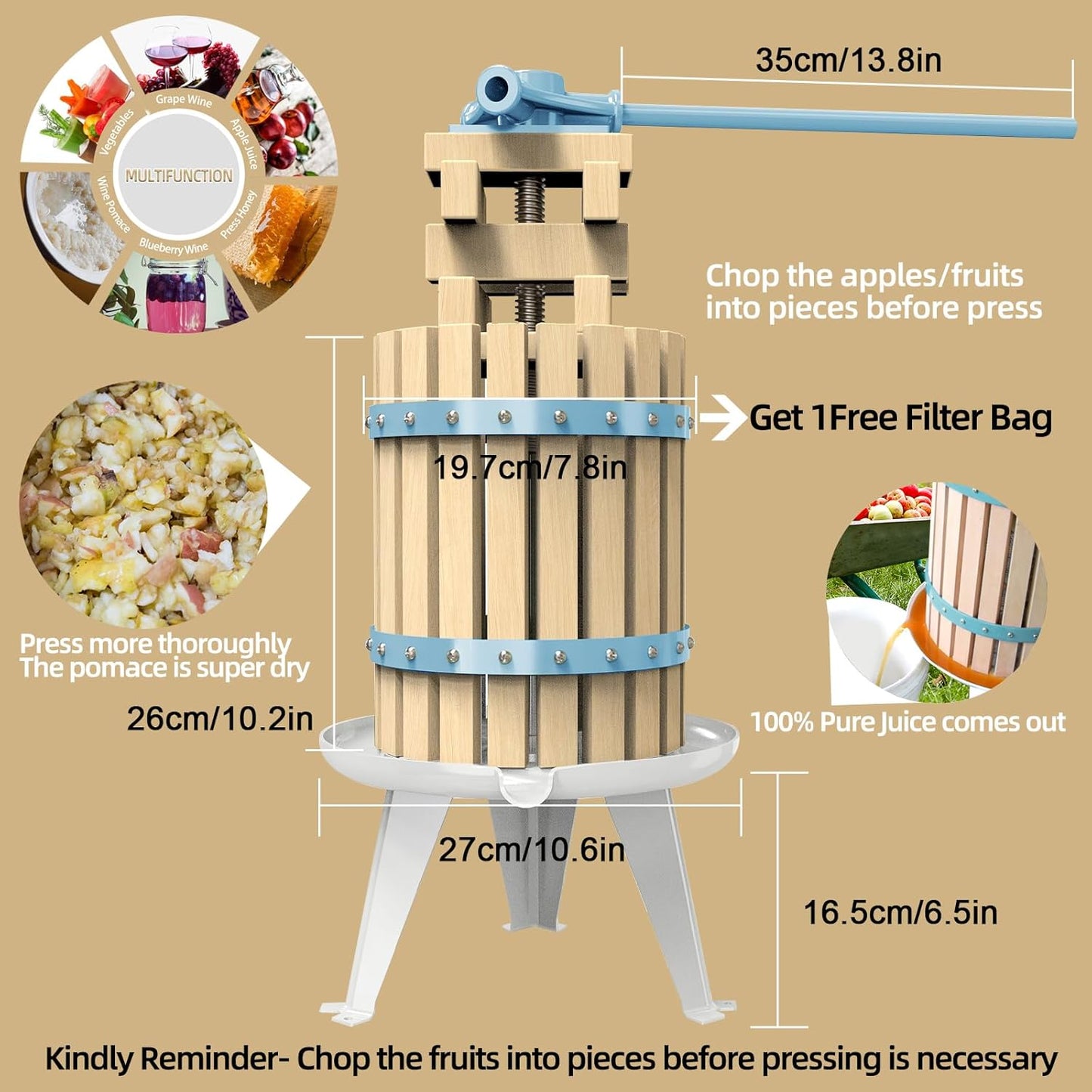 SQUEEZE master Fruit Apple Cider Wine Classic Press-Blue-1.6 Gallon/6L-Solid Wood Basket-Vintage traditional juicer-Pole Handle Bar for Juice,Wine,Cider-1 free filter bag included