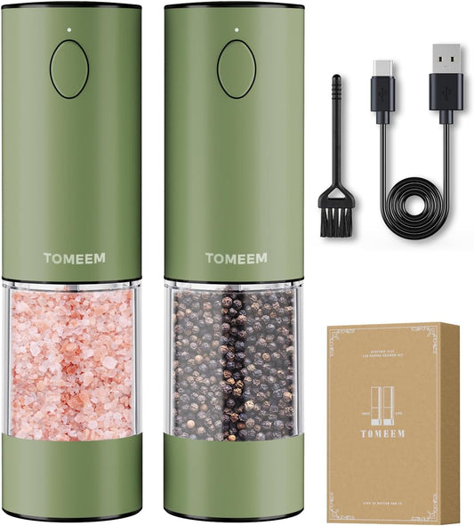 TOMEEM Upgraded Larger Capacity Electric Salt and Pepper Grinder Set Rechargeable with LED lights, Stainless Steel Automatic Pepper and Salt Grinder Refillable with 5 Adjustable Coarseness Green