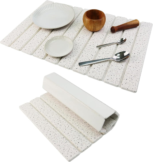 Large Stone Drying Mat for Kitchen Counter Diatomaceous Earth Collapsible 24”（L）*16”（W）Super Heat Resistant Mats, Quick Absorbent Dish Drying Rack（Spotted pattern）