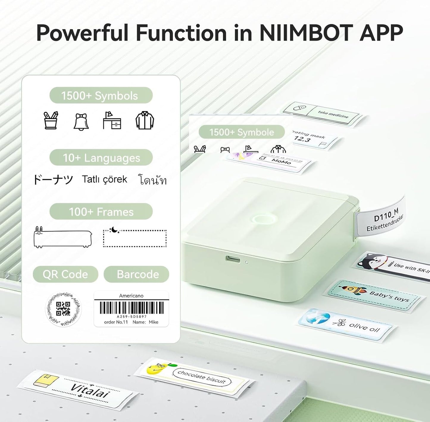 NIIMBOT D110 New Version Label Maker Machine with Tape, Handheld Bluetooth Label Printer, Mini Thermal Printer, Sticker Maker for Organizing Home Kitchen School, Green