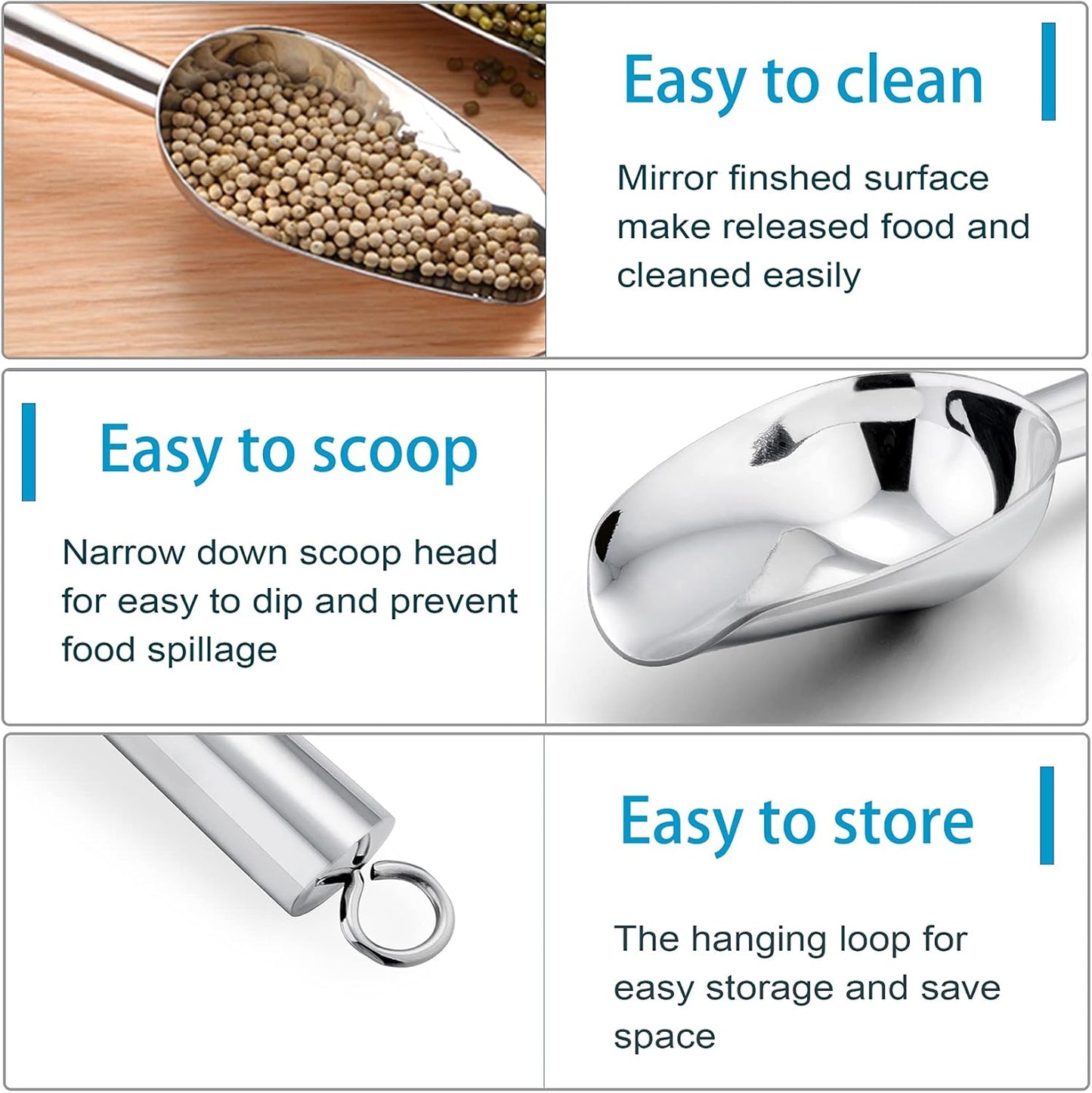 P&P CHEF Food Ice Scoop, Stainless Steel Scoop, Metal Candy Popcorn Flour Utility Scooper for Wedding Party Bar Kitchen Bath, Heavy Duty & Dishwasher Safe, (8oz, 2Pcs)