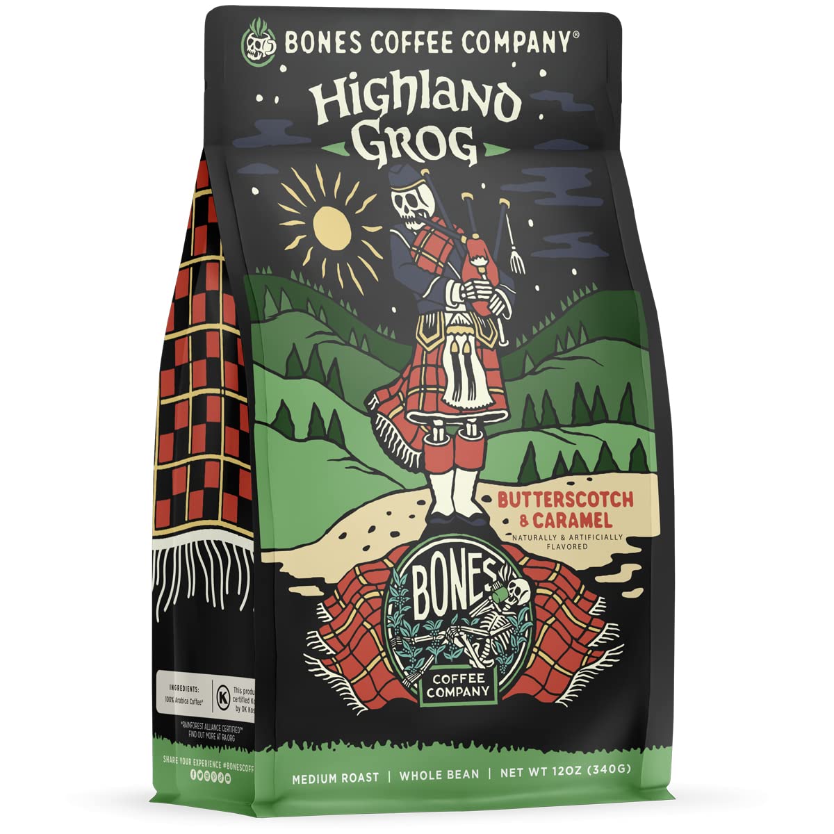 Bones Coffee Company Highland Grog, Butterscotch Caramel Flavored Coffee, Medium Roast Low Acid Arabica Beans Compatible with Auto drip and French Press Coffee Maker, 12 Oz Whole Bean