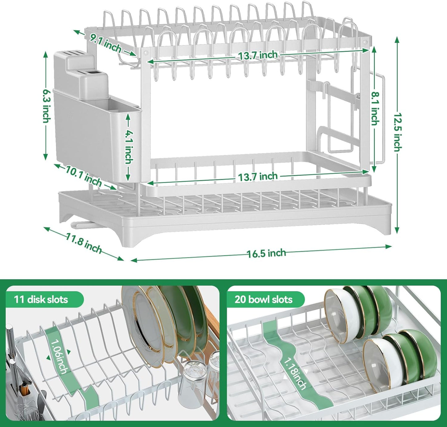 2-Tier Dish Drying Rack with Drainboard, Sink & Countertop Metal Dish Rack Organizer, Dish Drainers for Kitchen Counter, White Dish Racks