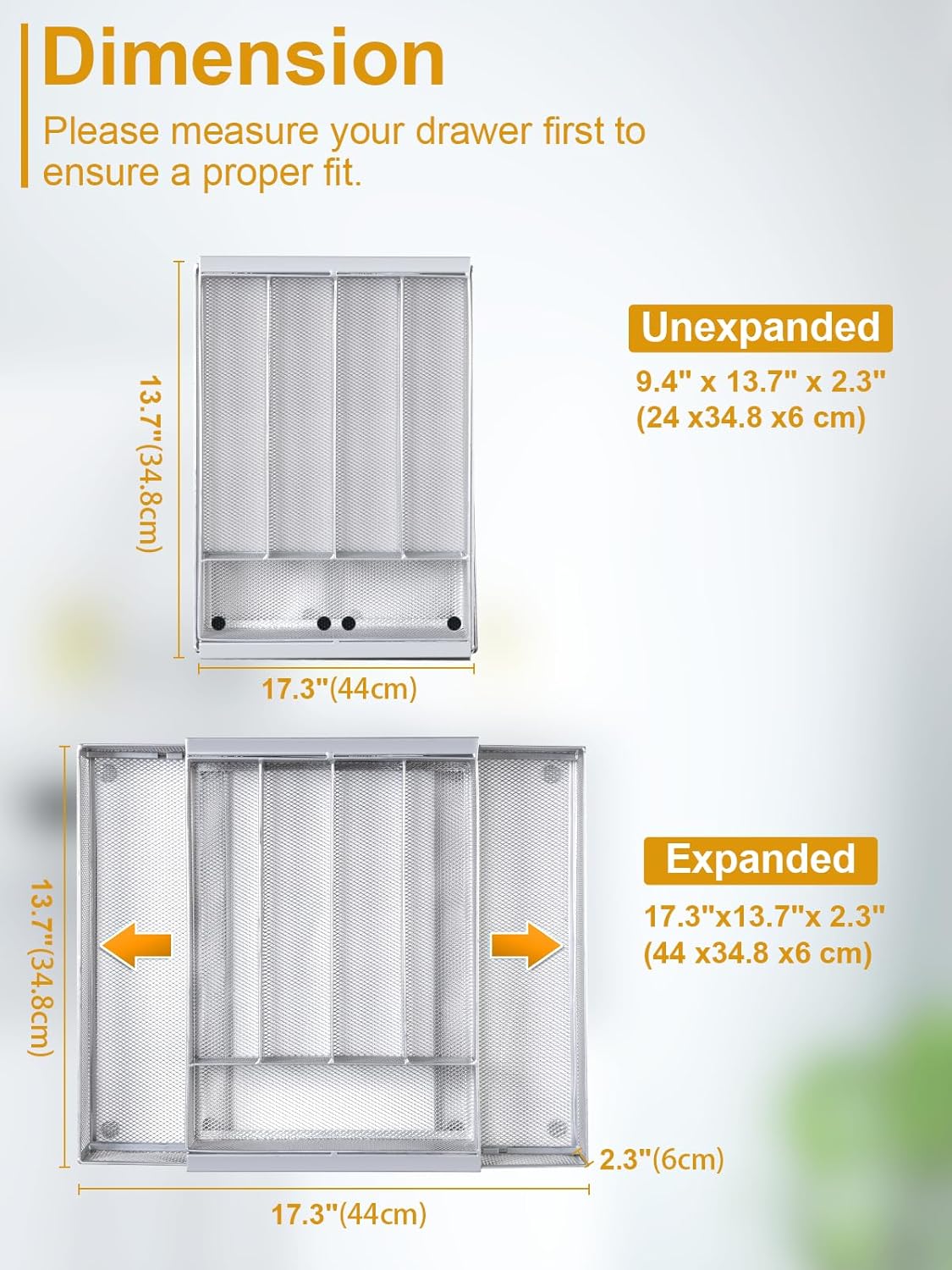 Silverware Organizer Metal Mesh, Drawer Organizer, Utensil Cutlery Tray Expandable Flatware Organizer with 7 Compartment Silver 9.4"~17.3" x 13.7"