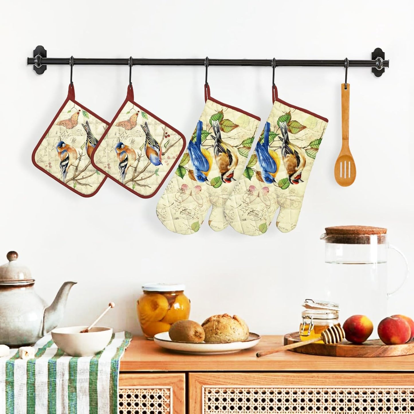 Vintage Bird Oven Mitts and Pot Holders Sets 4Pcs, 100% Cotton Heat Resistant, Extra Long Oven Gloves Potholder for Kitchen Cooking Baking Decoration