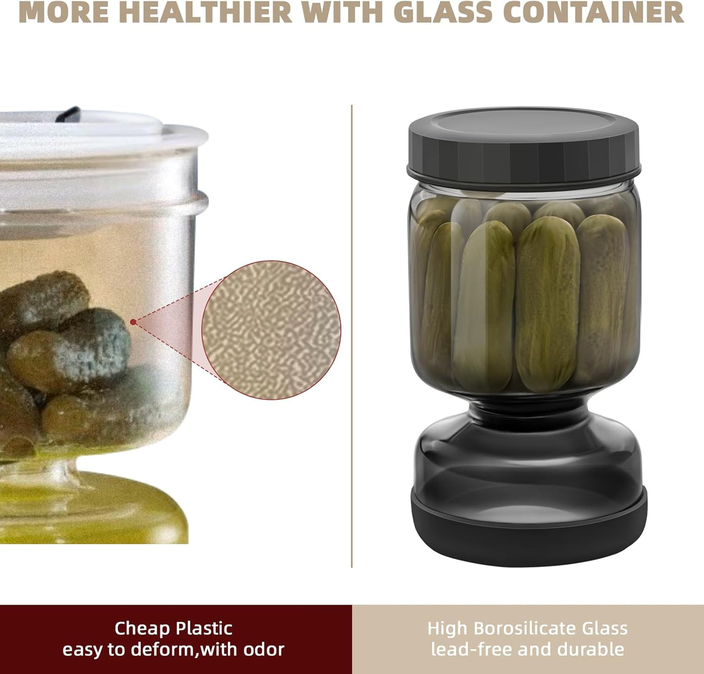 Luvan Pickle Jar with Strainer Flip, 34oz Pickle Container with Strainer, Upside Down Pickle Flip Jar,Glass Pickle Holder with Leakproof Airtight Lid, Hourglass Pickle Storage for Olive,Jalapeno-Grey