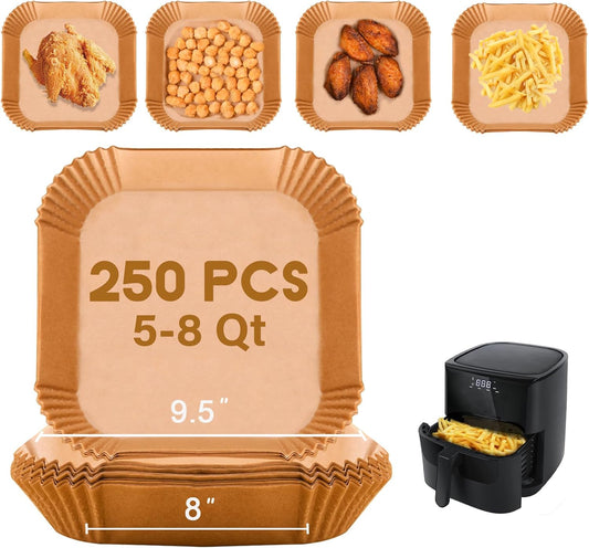 Disposable Paper Liner Square 250 Pcs for 5 to 8 Qt Air Fryer Baskets, Non-stick Oil-proof Parchment Liner Cooking Paper
