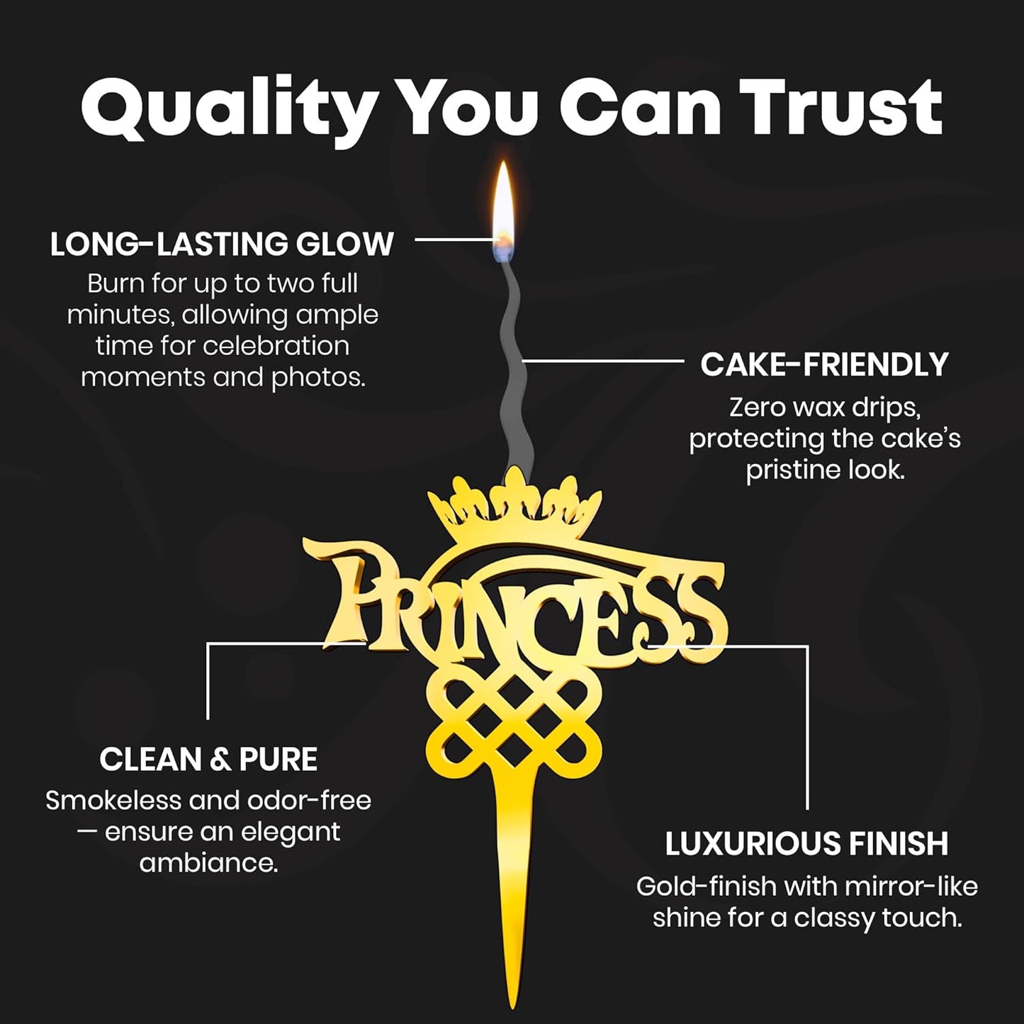 Princess Reusable Gold Romantic Cake Candle - Luxury Cake Topper Candle for Birthdays, Weddings & Anniversaries - Reusable Food Safe Acrylic, Shiny Mirror Finish - Happy Birthday Cake Topper Decor