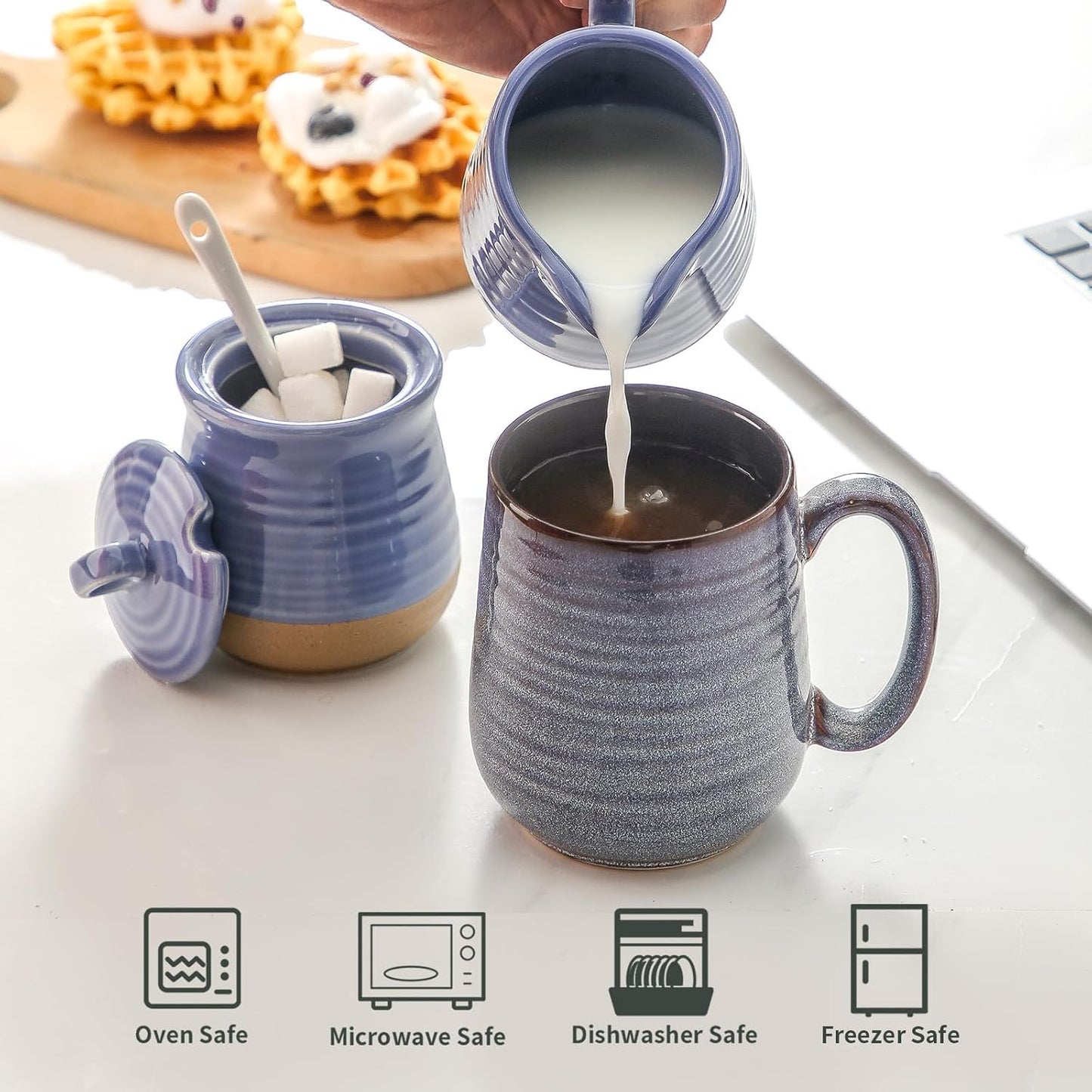 Hasense Sugar and Creamer Set with Lid Spoon, Porcelain Cream Container and Sugar Bowls Set for Countertop, Vintage Coffee Serving Set, Sugar Holder and Creamer Pitcher Set for Home Decor, Sky Blue