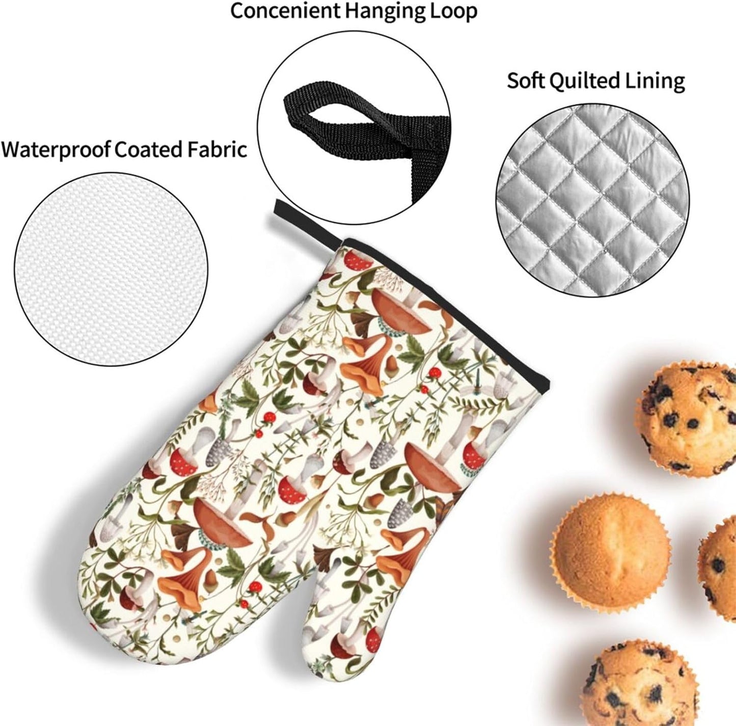 Boho Mushroom Decor Oven Mitts and Pot Holders Sets of 3 Hot Pads Cute Botanic Plant Beige Oven Gloves Heat Resistant Non Slip Washable for Kitchen Cooking Grilling Baking