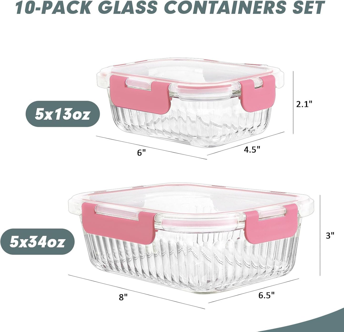 KOMUEE 10 Packs Glass Meal Prep Containers with Lids, Glass Food Storage Containers Set, Airtight Lunch Containers, Microwave, Oven, Freezer and Dishwasher Safe, Pink