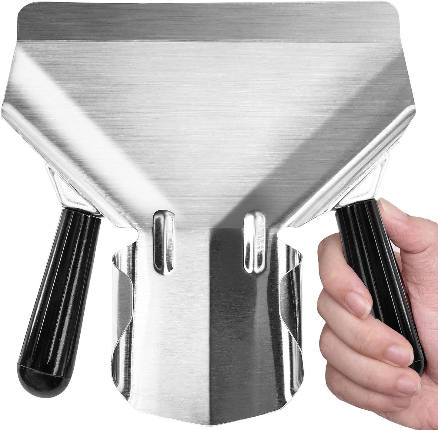 Stainless Steel French Fry Popcorn Scoop, Quick Fill Tool for Food Bags & Boxes, Multipurpose Utility Scooper for Bagger French Fries, Snacks, Desserts, Ice, Dry Goods(Dual Handle)