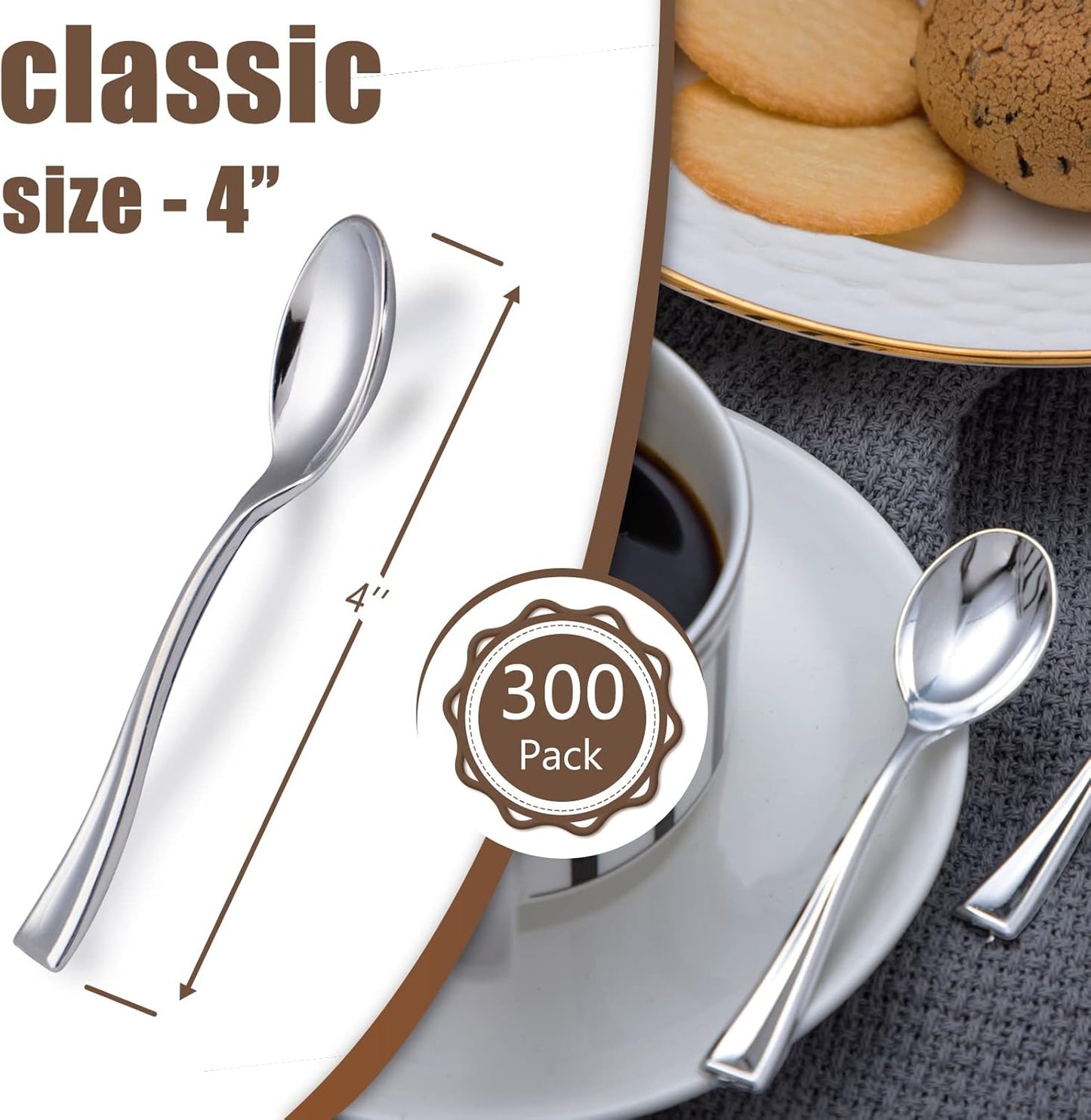 WDF 300 Pieces Plastic Silver Mini Spoons - 4 Inches Silver Plastic Tasting Spoons for Desserts, Heavy Duty Disposable Spoons Perfect for Coffee, Cake, Desserts, Appetizers for Wedding/Party