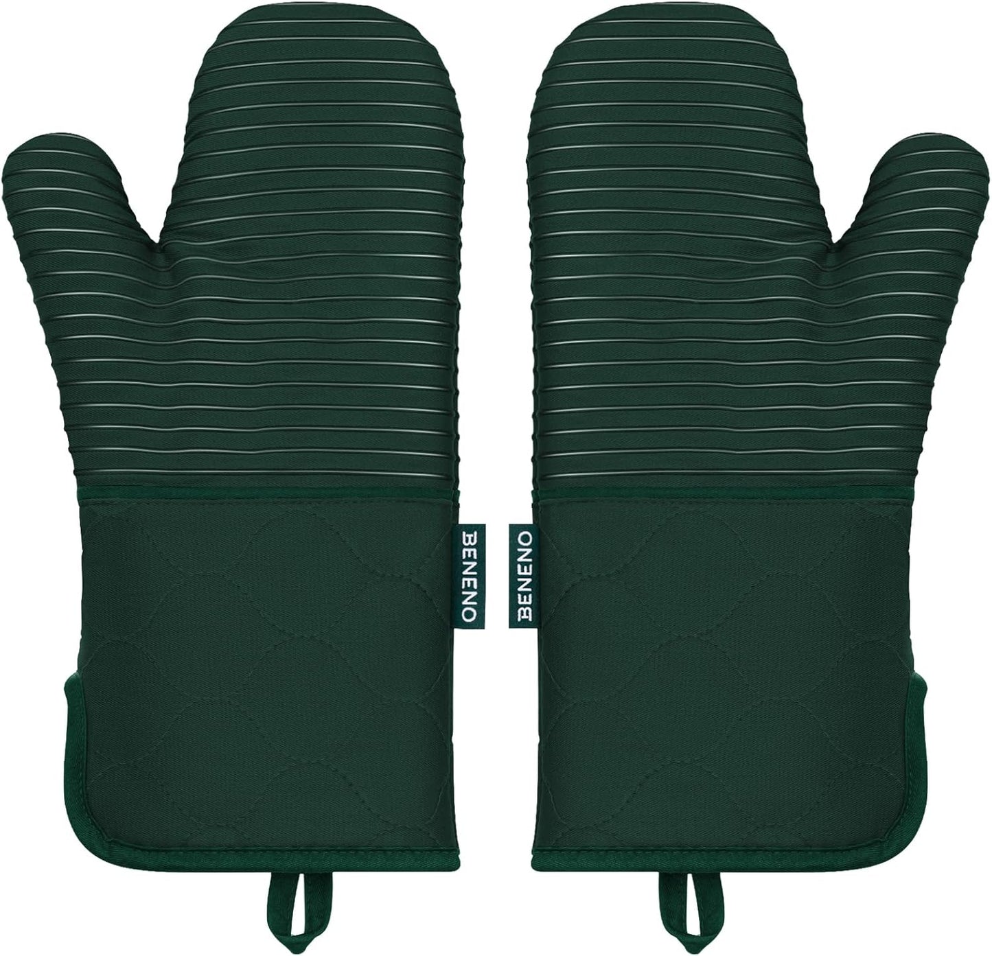 Beneno Kitchen Oven Mitts 2-Pack Heat Resistant to 500°F with Non-Slip Silicone Grip, Extra Long 14.3" Forearm Protection, Soft Quilted Cotton Terry Lining, Ideal for Cooking, Baking, Grilling, Green