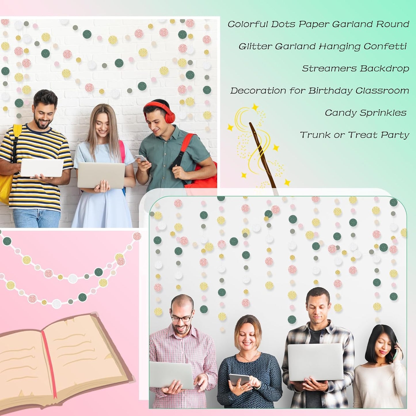 Outus 5 Pieces Colorful Dots Paper Garland Round Glitter Garland Hanging Confetti Streamers Backdrop Decoration for Birthday Classroom Candy Sprinkles Trunk or Treat Party (Sage Green,Pink,Gold)