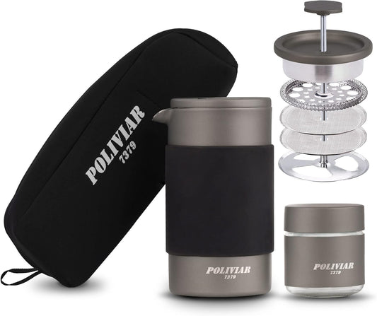 POLIVIAR French Press Coffee Maker, 12 oz Portable French Press with Mini Canister and Collection Bag, Double Wall Insulation & Dual- Filter Screen, Food Grade Stainless Steel for Coffee