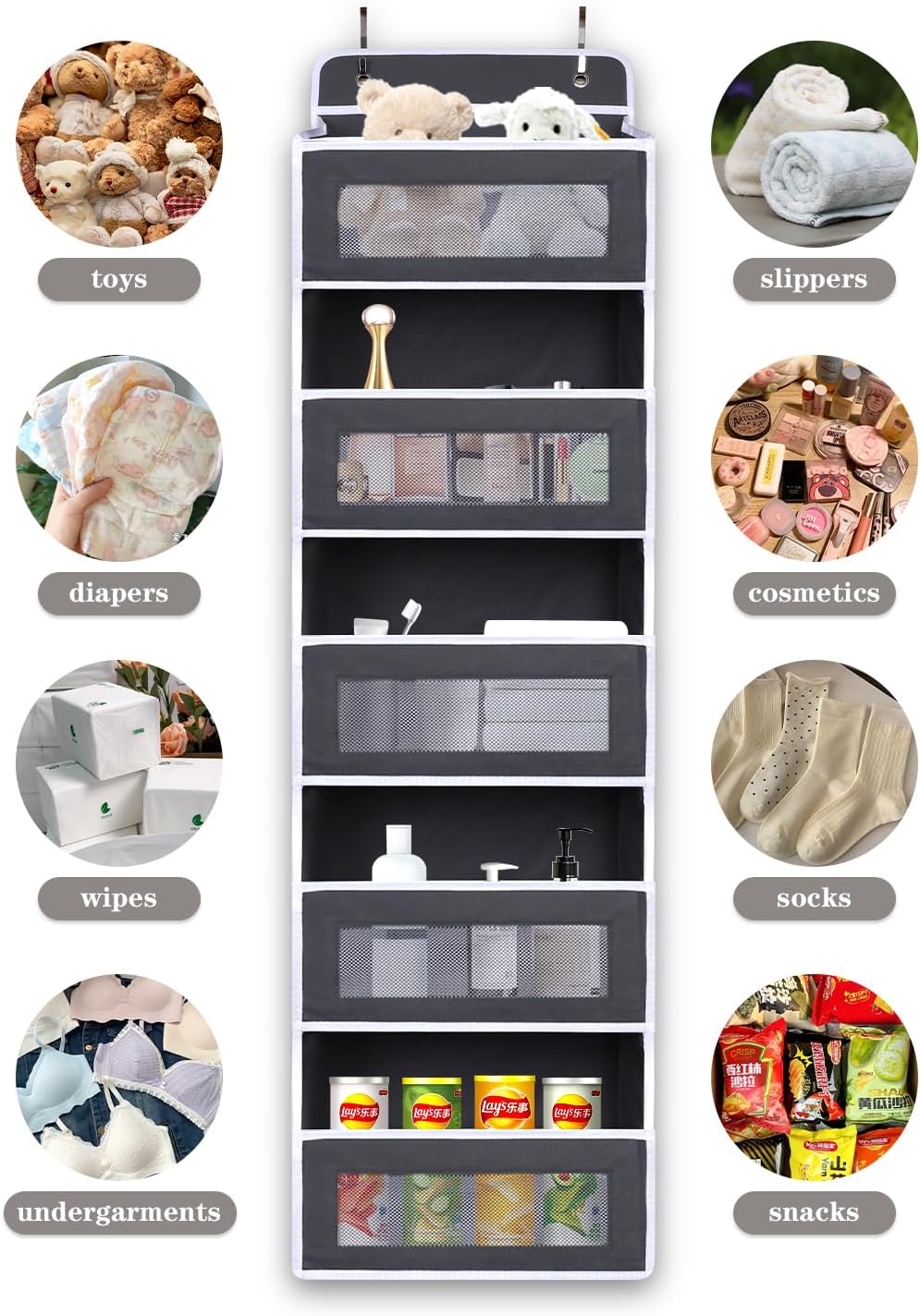 Over The Door Organizer 44LB Capacity with 5 Large Pockets & 10 Mesh Side Pockets, Clear Window Anti-Tilt Hanging Storage for Nursery, Bathroom, Pantry - Dark Grey, 1 Pack