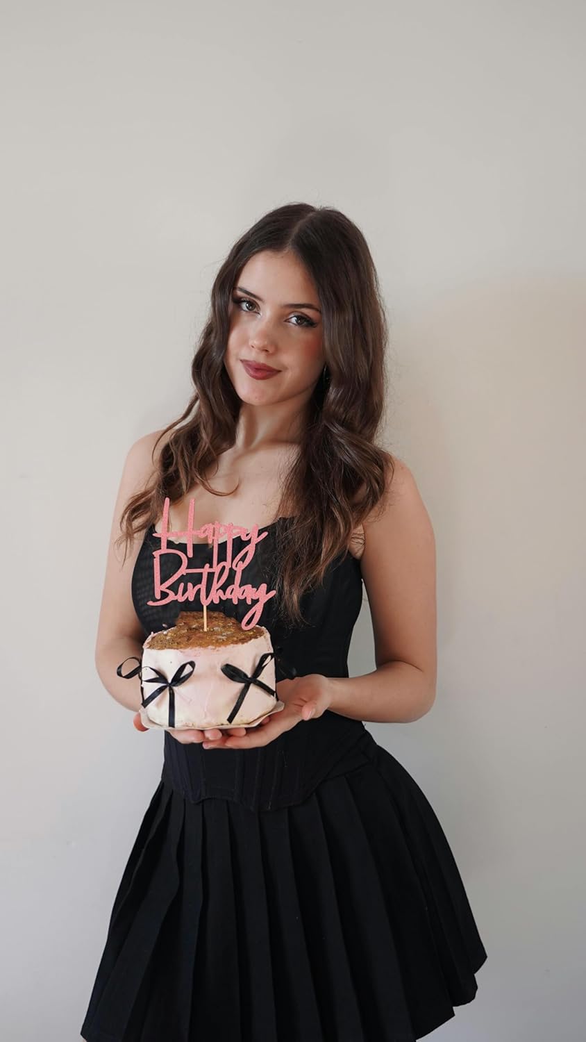 Happy Birthday Cake Topper - Glitter Pink Birthday Cake Top Decorations (Pink)