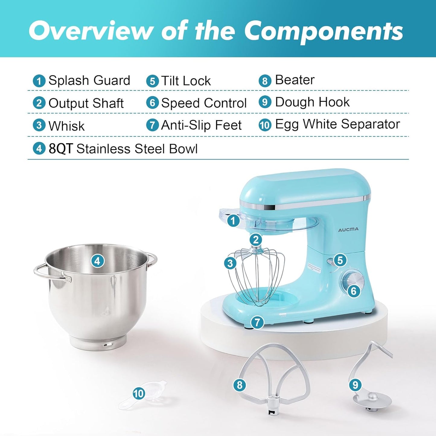 Aucma Stand Mixer, 900W 8QT Large Kitchen Mixer, Kitchen Electric Mixers with Dough Hook, Wire Whip & Beater (Blue, 8QT)