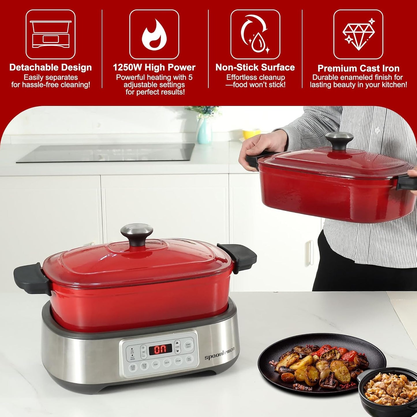 Electric Dutch Oven Multi-Cooker 6-in-1, 5.8QT Enameled Cast Iron Pot - Oven Safe Pot to 392℉, 1250W Fast Heating, 6 Preset Functions- Slow Cook, Sauté, Sear, Steam, Fast Cook, Keep Warm