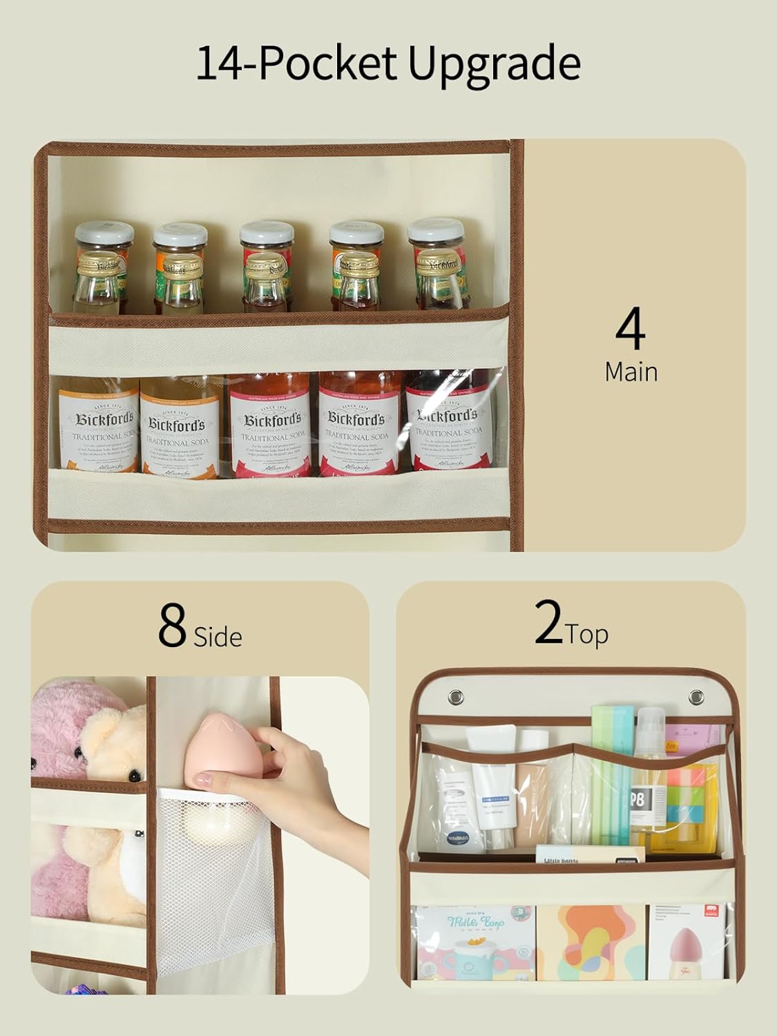 Yecaye 5 Tier 1Pc Over the Door Organizer, Swing-proof Door Organizer Hanging with Clear PVC Windows, Behind the Door Storage for Bedroom Nursery Closet Laundry Pantry Bathroom, Beige