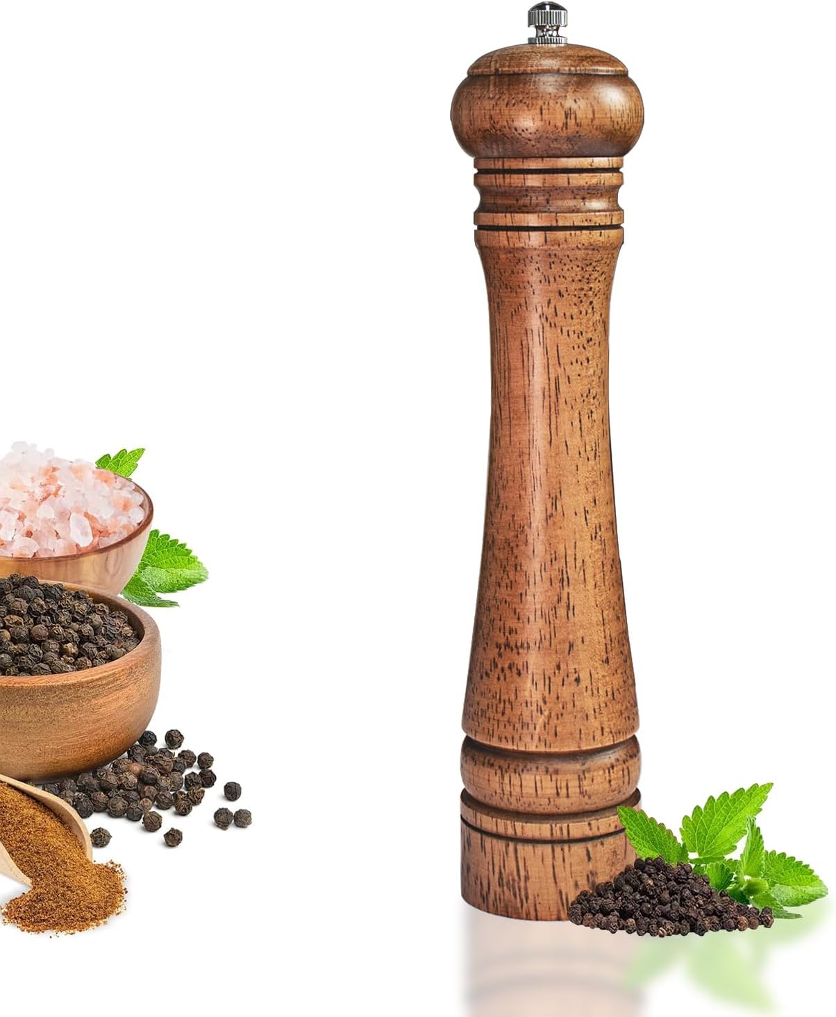 1 Pack - 10 Inch tall Wooden Pepper Mill or Salt Mill Elegant Pepper Grinder Wood with a Adjustable Ceramic Rotor and Easily Refillable - Oak Wood Salt Grinder for Your Kitchen