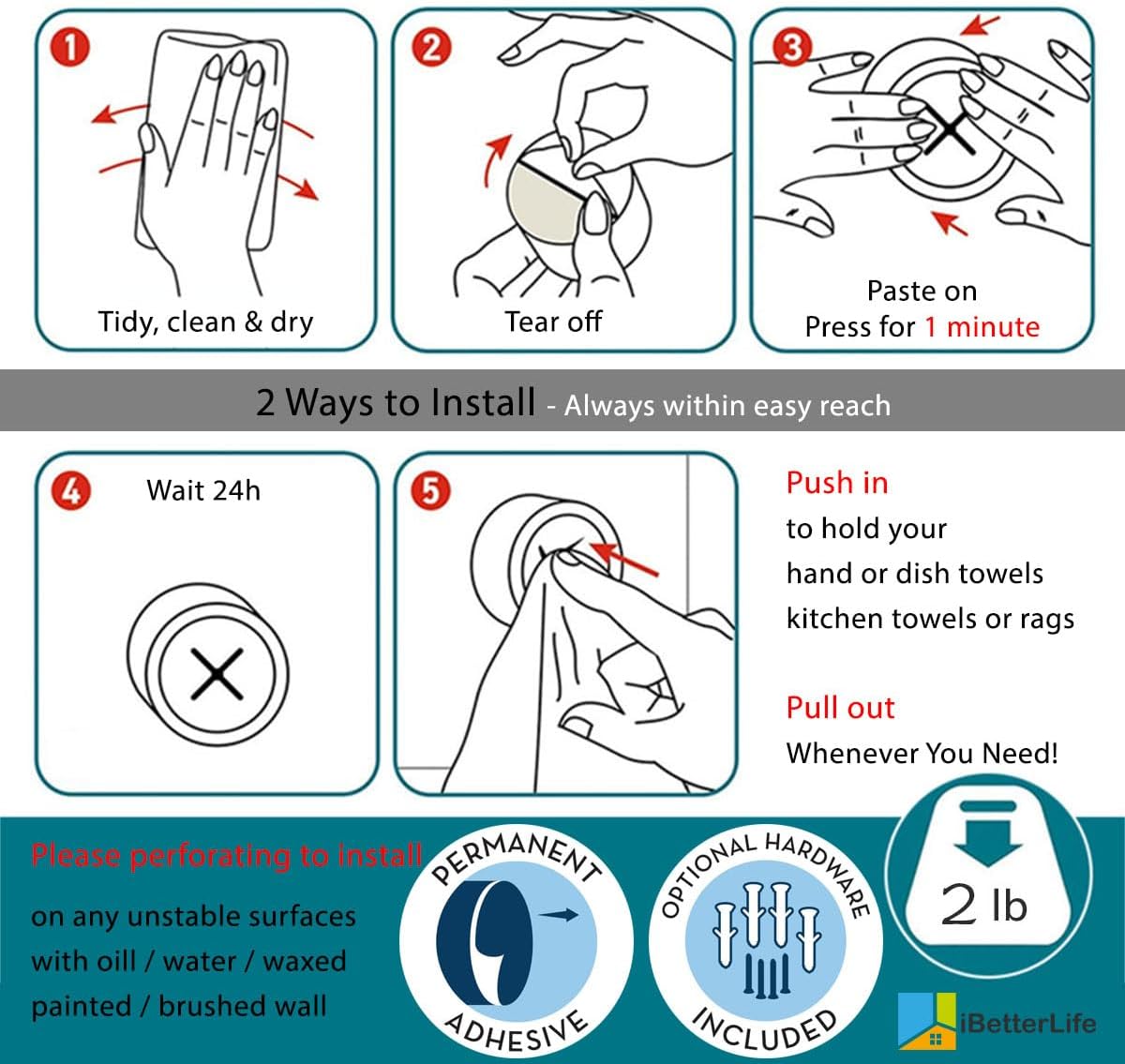 iBetterLife Adhesive Towel Holder for Kitchen - 4 Pack Dish Towel Hooks for Cabinet, Push Hand Towel Hanger, Dish Cloth Rag Holder for Home Bathrooms, Kitchens, Garages, RV, Within Easy Reach, Grey