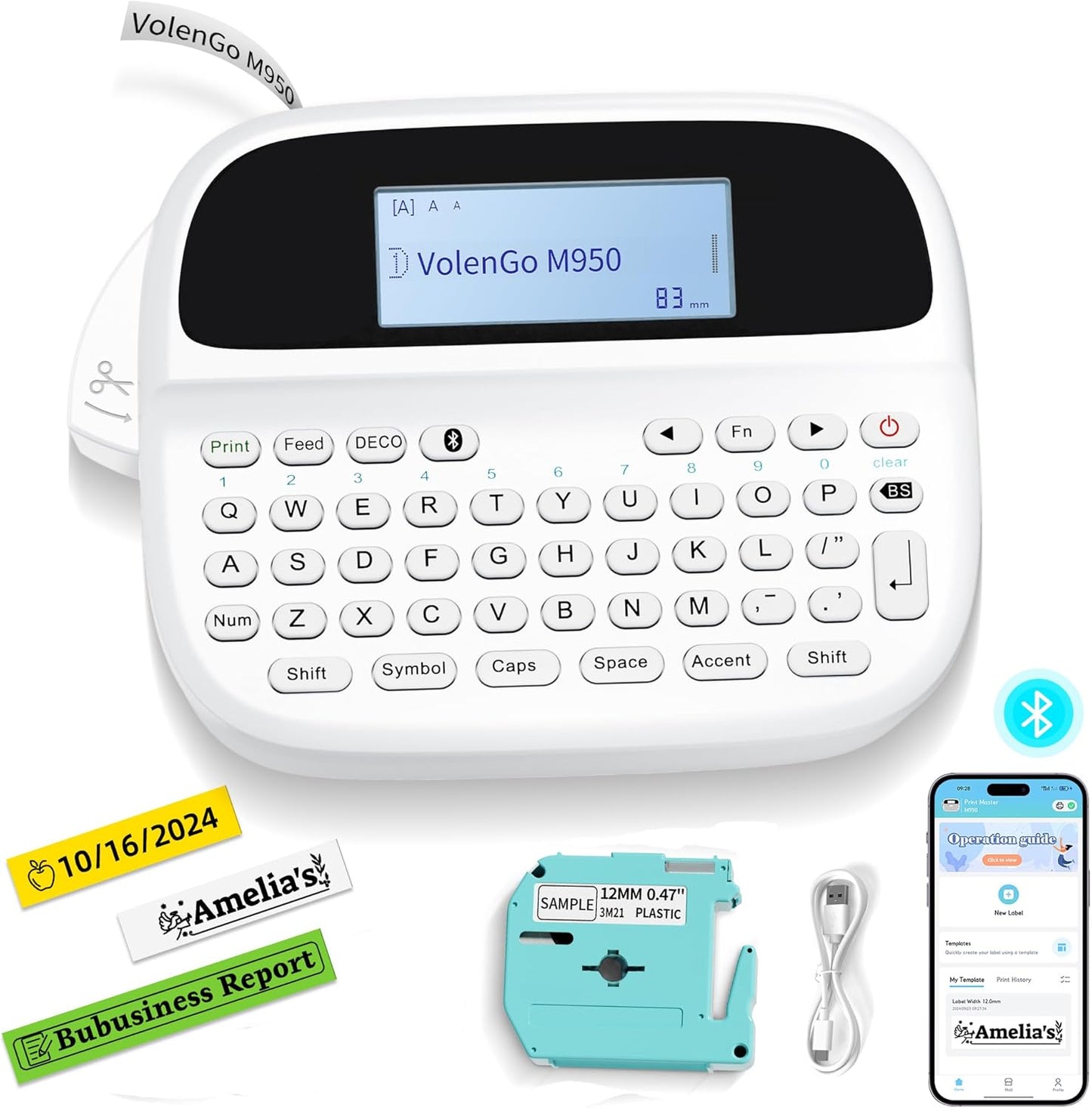 M950 Label Maker, Rechargeable Backlit Labeler Machine with Tapes 12mm 0.47 White for Office Home School, Bluetooth Handheld Label Printer Replacement for Brother Ptouch Label Maker Machine