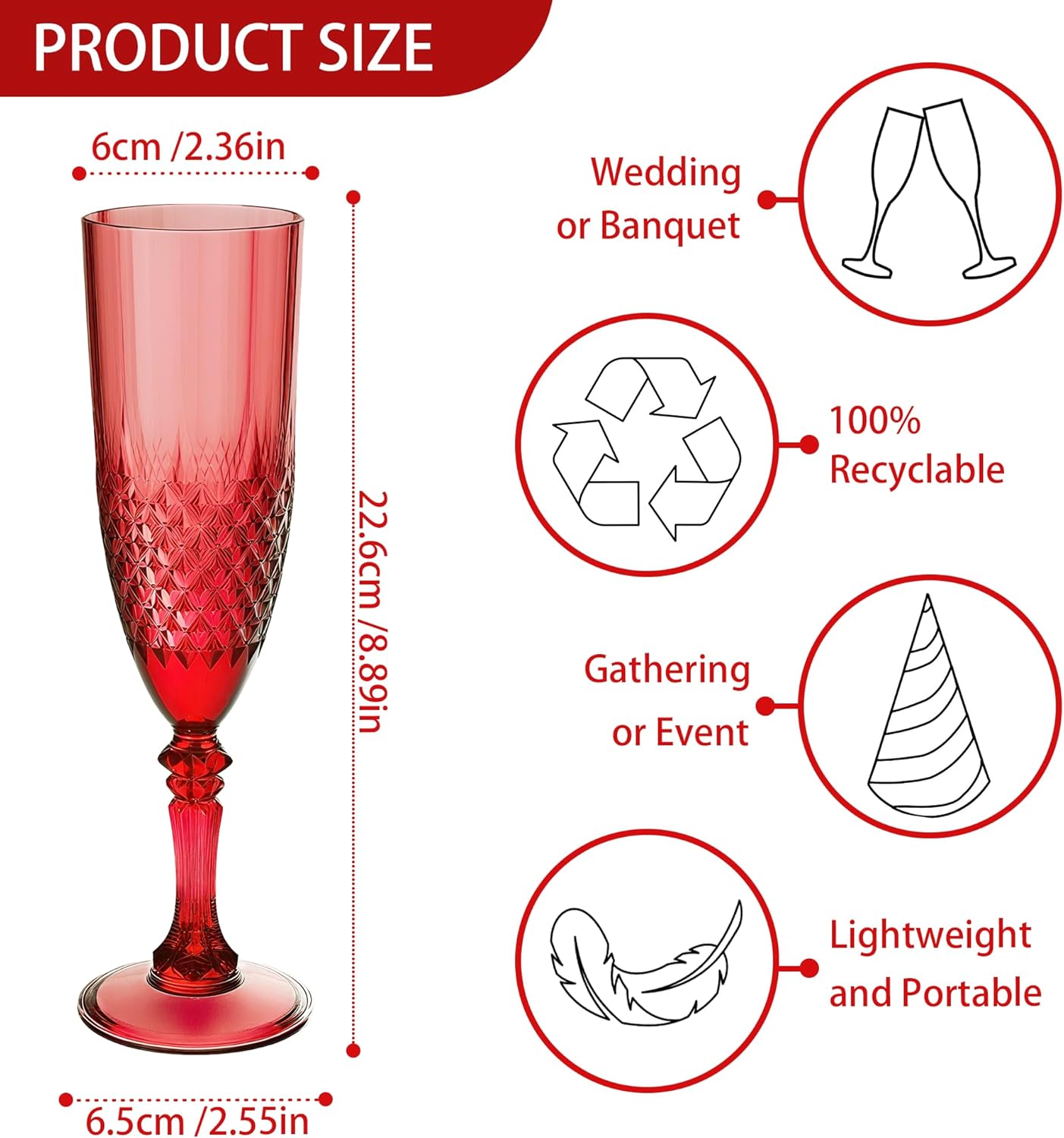 Plastic Champagne Flutes, 12PCS Dark Red Plastic Wine Glasses Goblets Reusable Champagne Flute for Christmas, Weddings, Bachelor Parties, Toasting, and Events(12, Dark Red)