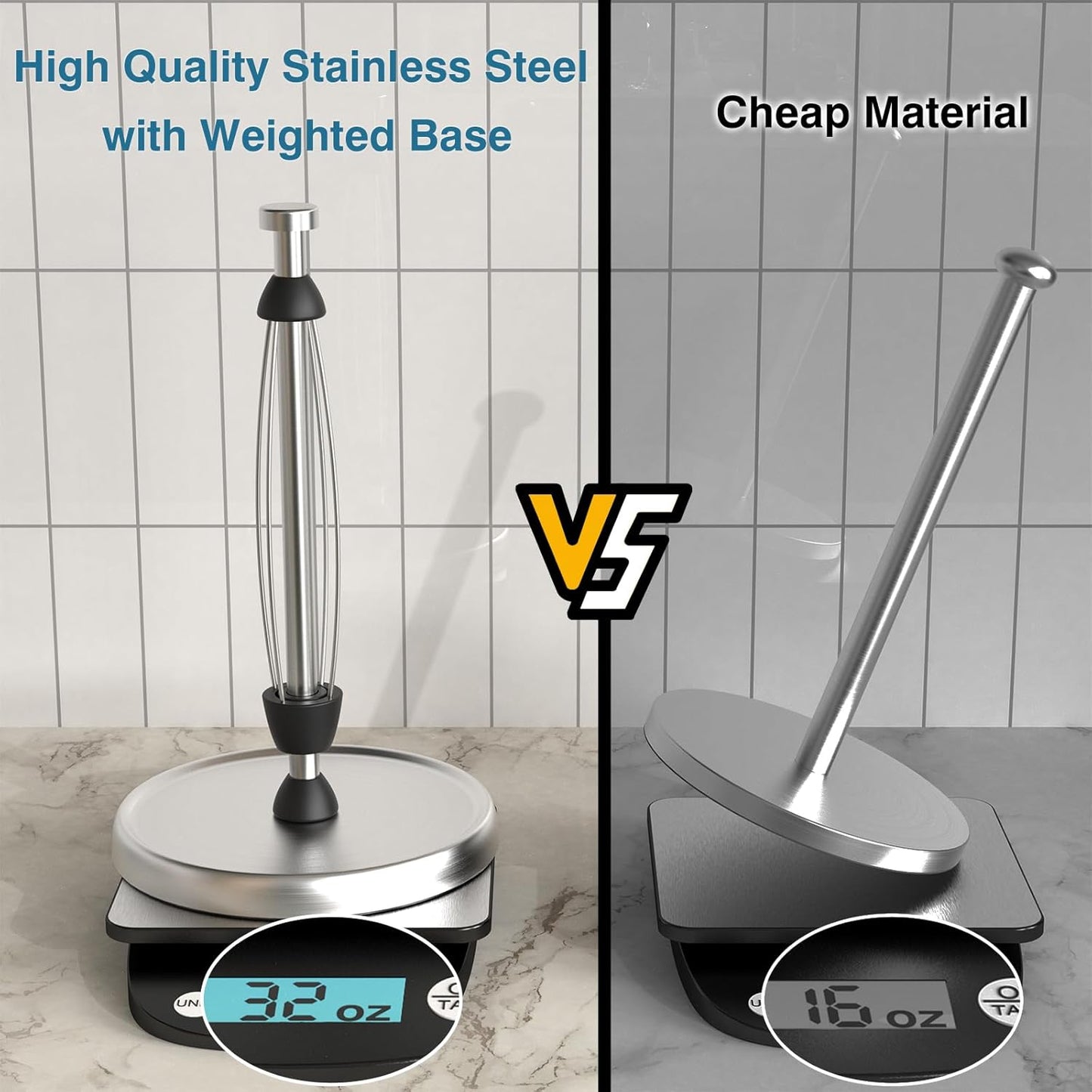 Paper Towel Holder Countertop, One-Handed Tear, Stainless Steel, Weighted Base, Silver, Paper Towel Roll Holder Stand with Ratchet Mechanism for Kitchen Bathroom Farmhouse Essentials Decor Accessories