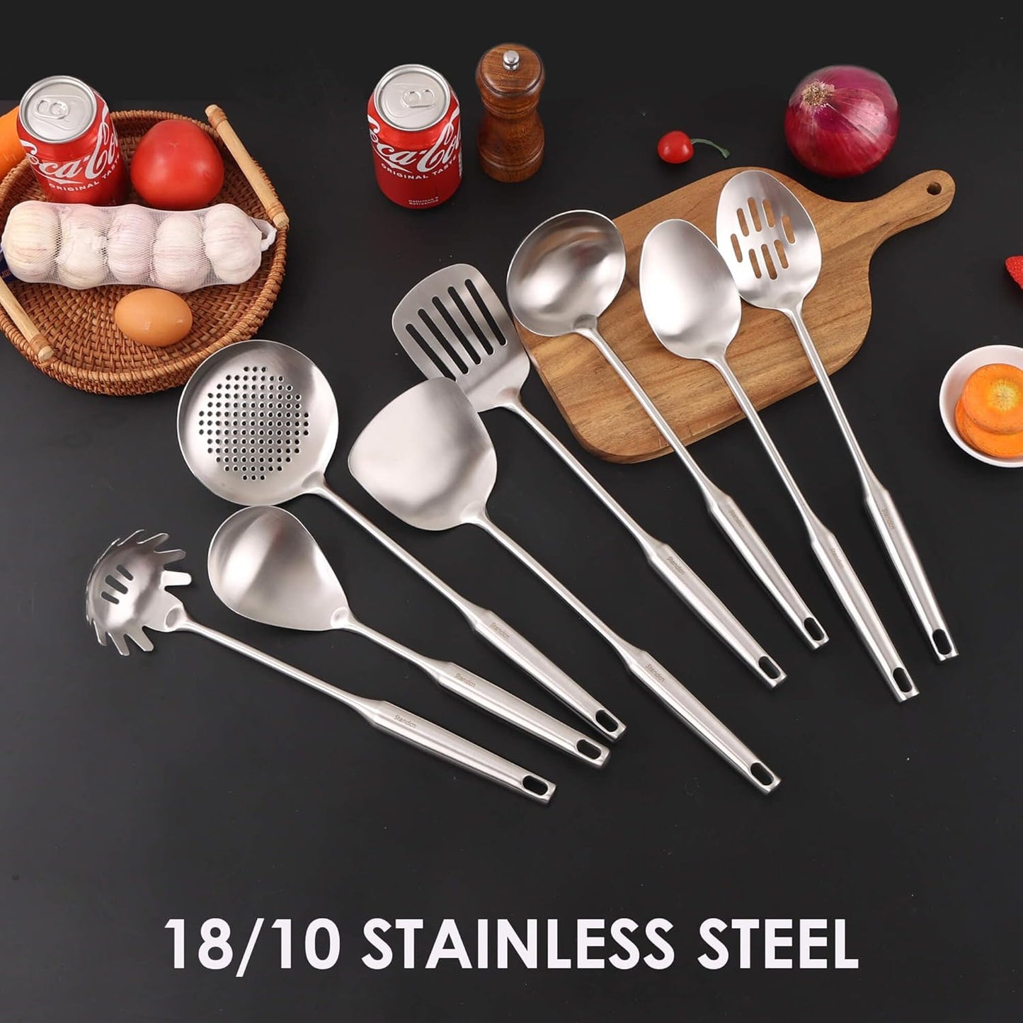 18/10 Stainless Steel Kitchen Utensils Set - 15” All Metal Cooking Tools & Serving Utensils, 8 PCS - Solid Spoon, Slotted Spoon, Spatula, Ladle, Skimmer, Tunner, Spaghetti Spoon, Large Spoon Set