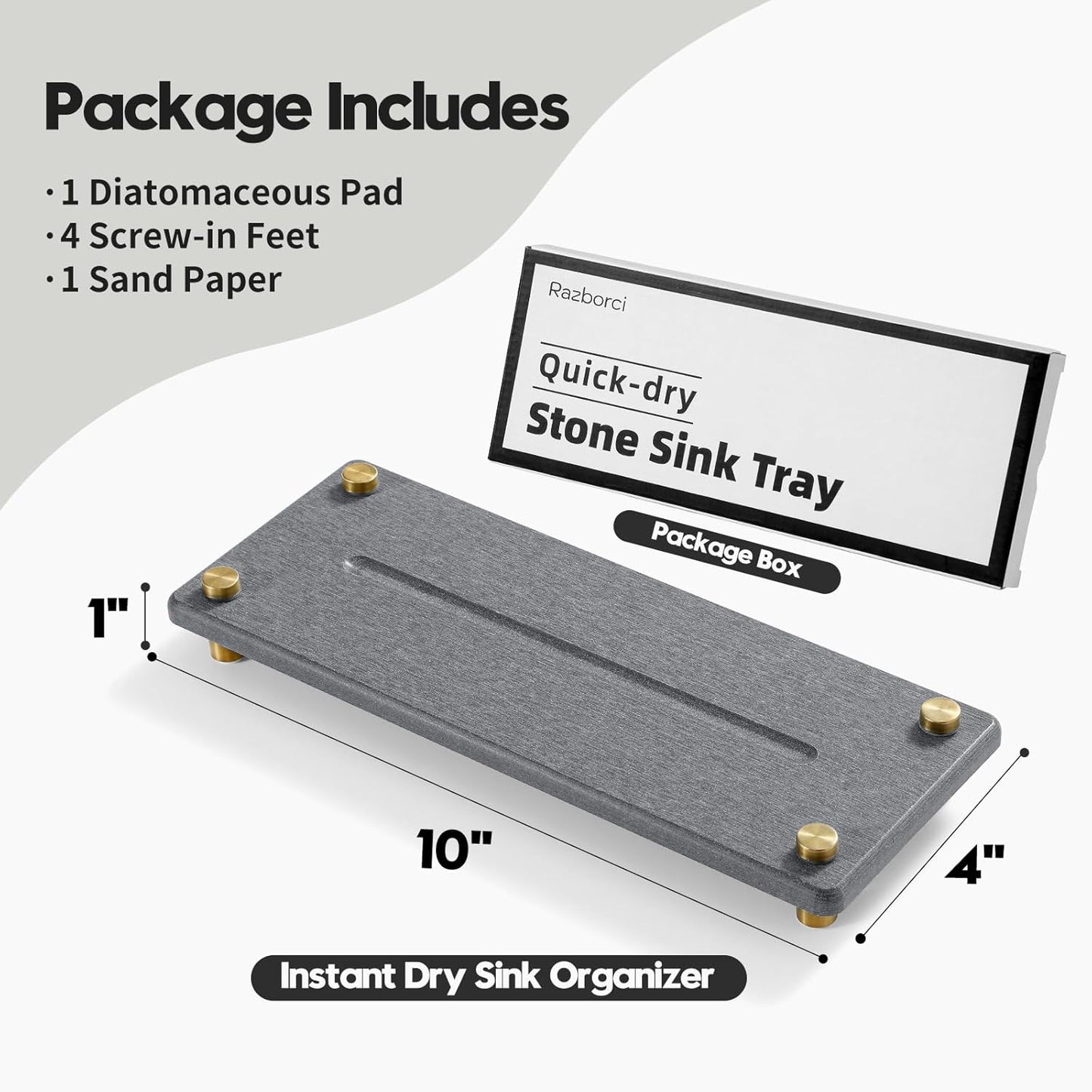 Kitchen Sink Caddy Water Absorbing Stone Drying Tray, Diatomite Bathroom Sink Organizer, Faucet Counter Mat Coaster, Soap Dish Rack Riser Dispenser Sponge Holder, Dark Gray Gold 10" x 4"