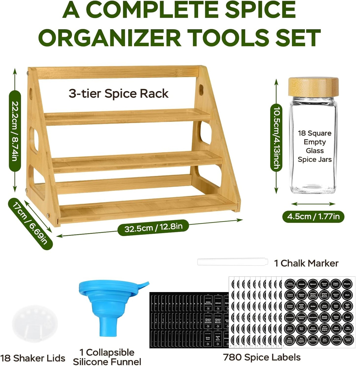 3 Tier Bamboo Spice Rack Organizer with 18 Spice Jars, 780 Labels, Wood Shelf, Chalk Marker and Funnel Set for Cabinet Kitchen Countertop, Empty 4 oz Glass Jars