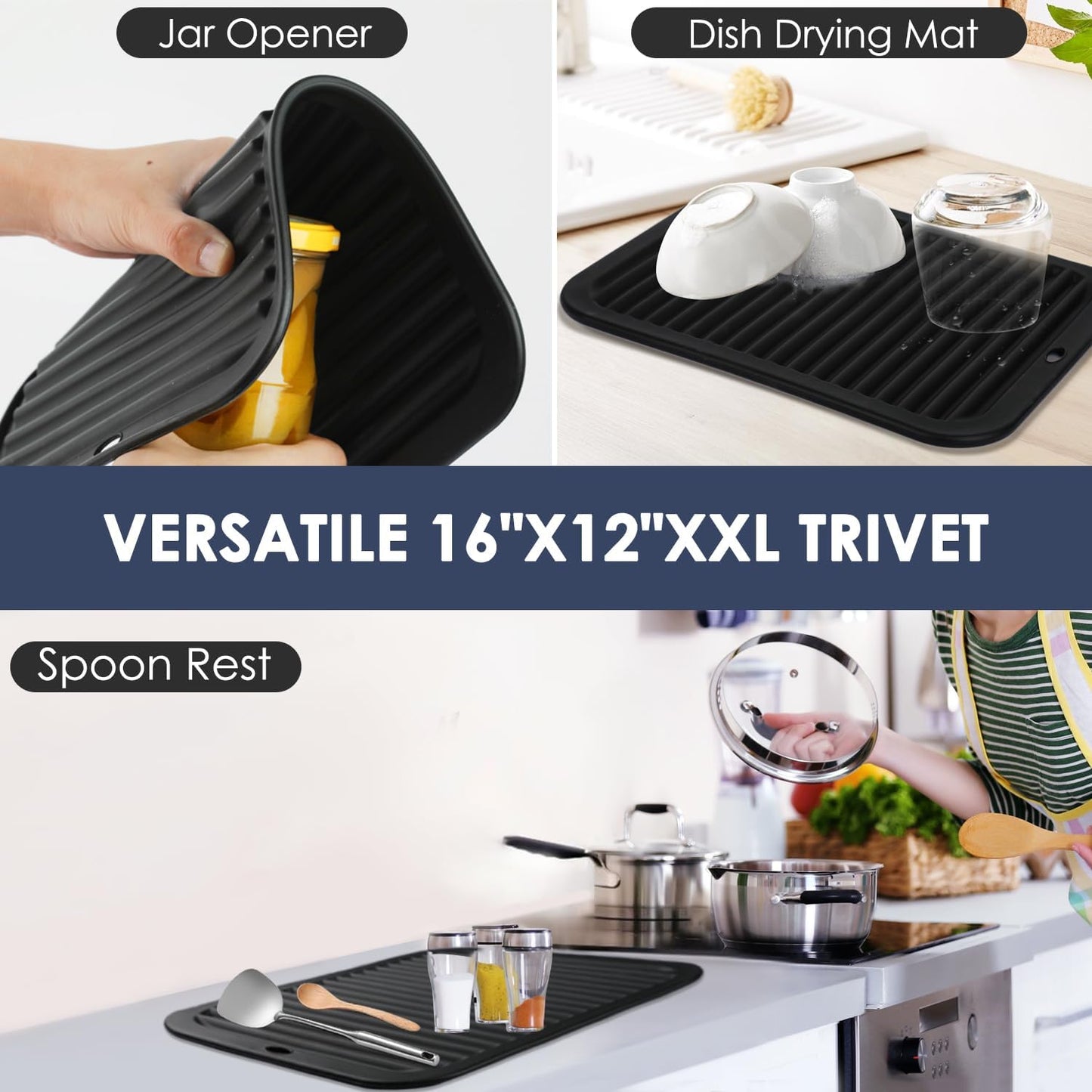 Black Silicone Trivet 16'' X 12'' Silicone Hot Pads for Kitchen Nonslip and Heat Resistant Hot Pads Trivets for Kitchen Quartz Countertops (Black)