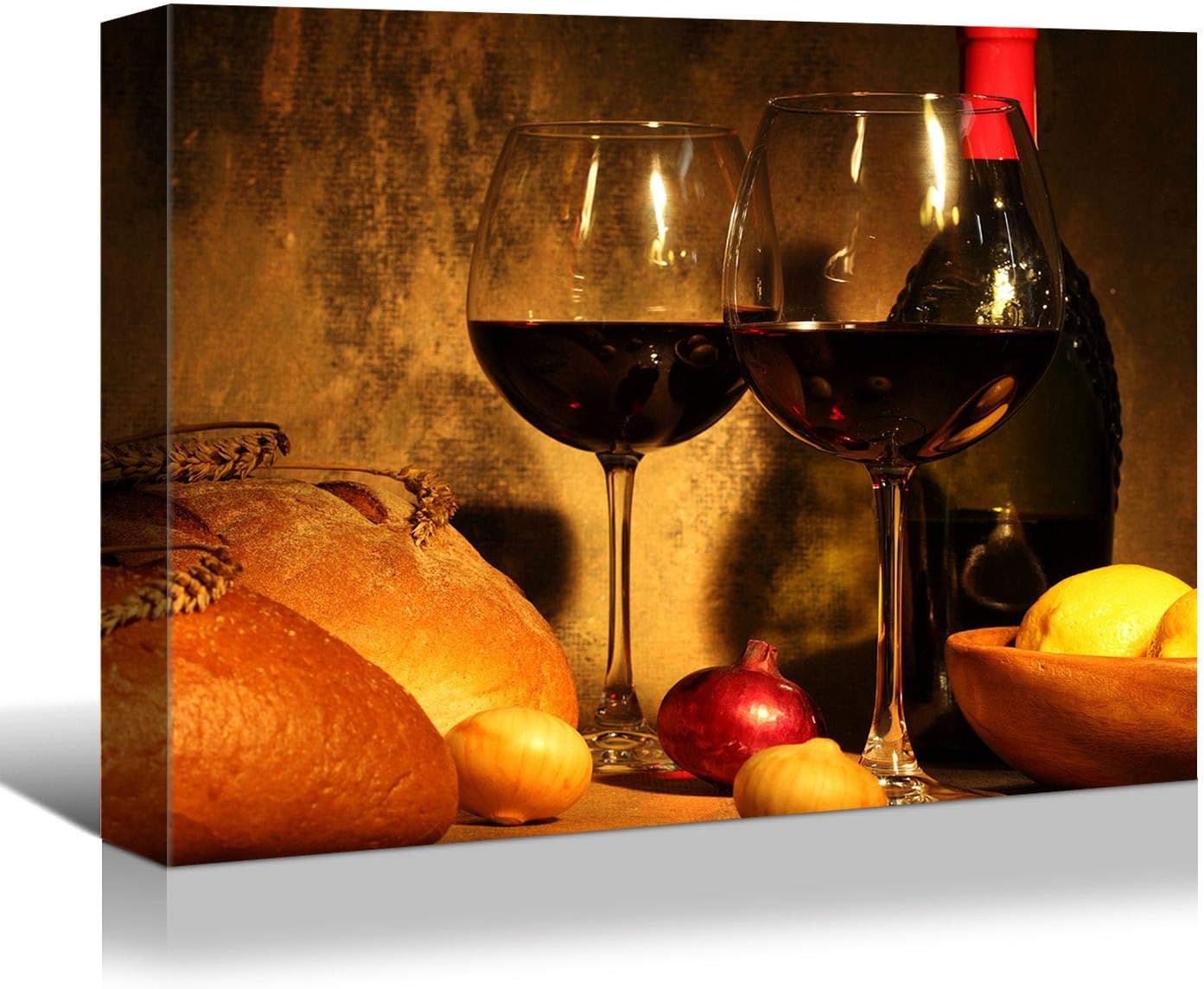 Looife Kitchen Still Life Canvas Wall Art, 40x30 Inch Gallery Wrapped Wine Cup with Bread Picture Prints Wall Decor, Food Art Deco for Dining Room and Bar