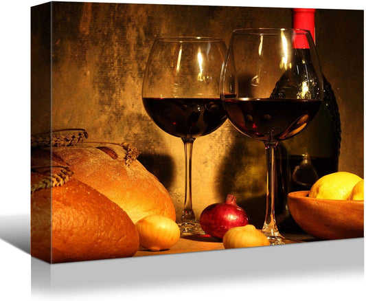 Looife Kitchen Still Life Canvas Wall Art, 16x12 Inch Gallery Wrapped Wine Cup with Bread Picture Prints Wall Decor, Food Art Deco for Dining Room and Bar